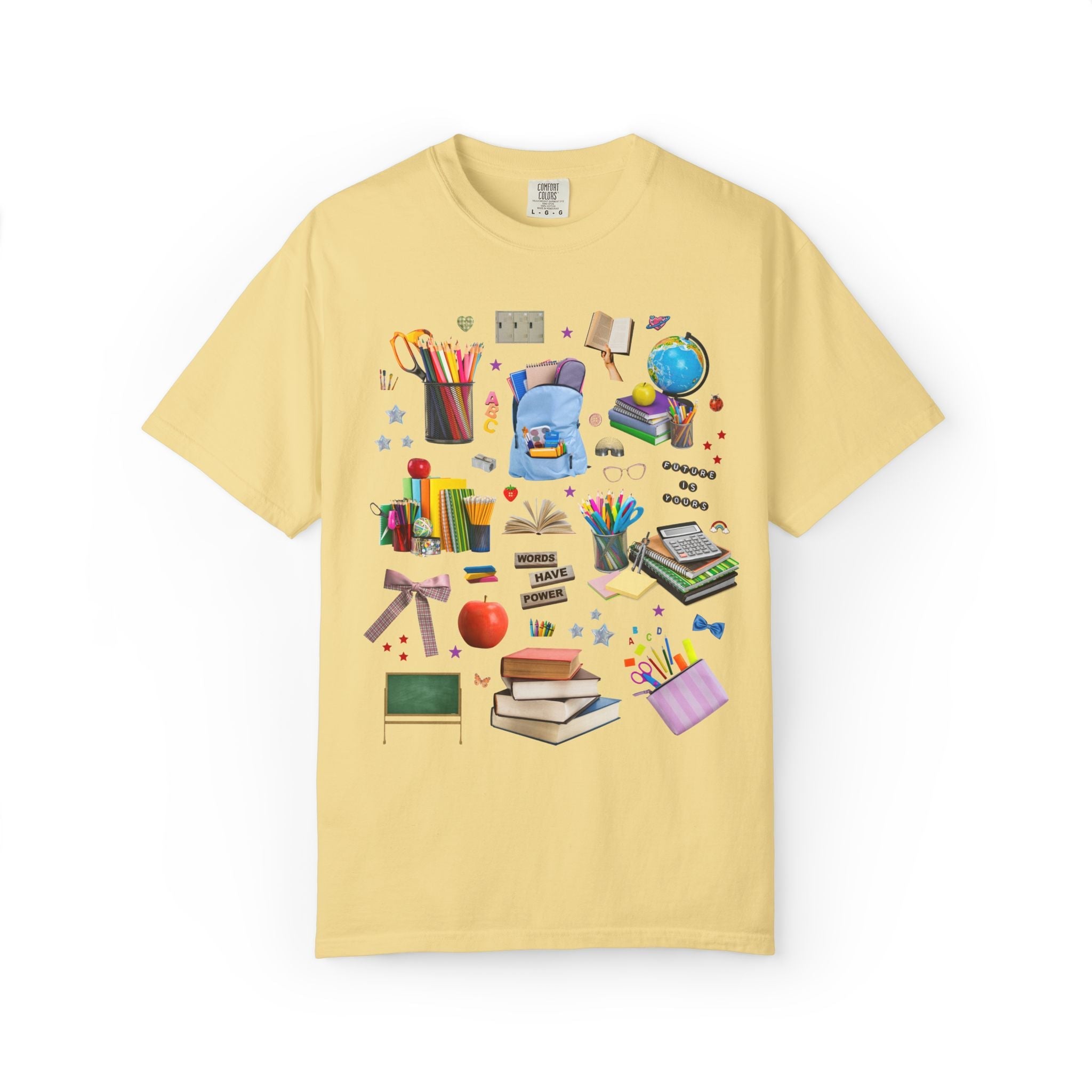 School Supply Matching Teacher T-Shirt for History Department or Middle School Office Staff, Words Have Power Education Collage with Stars - Opal and June