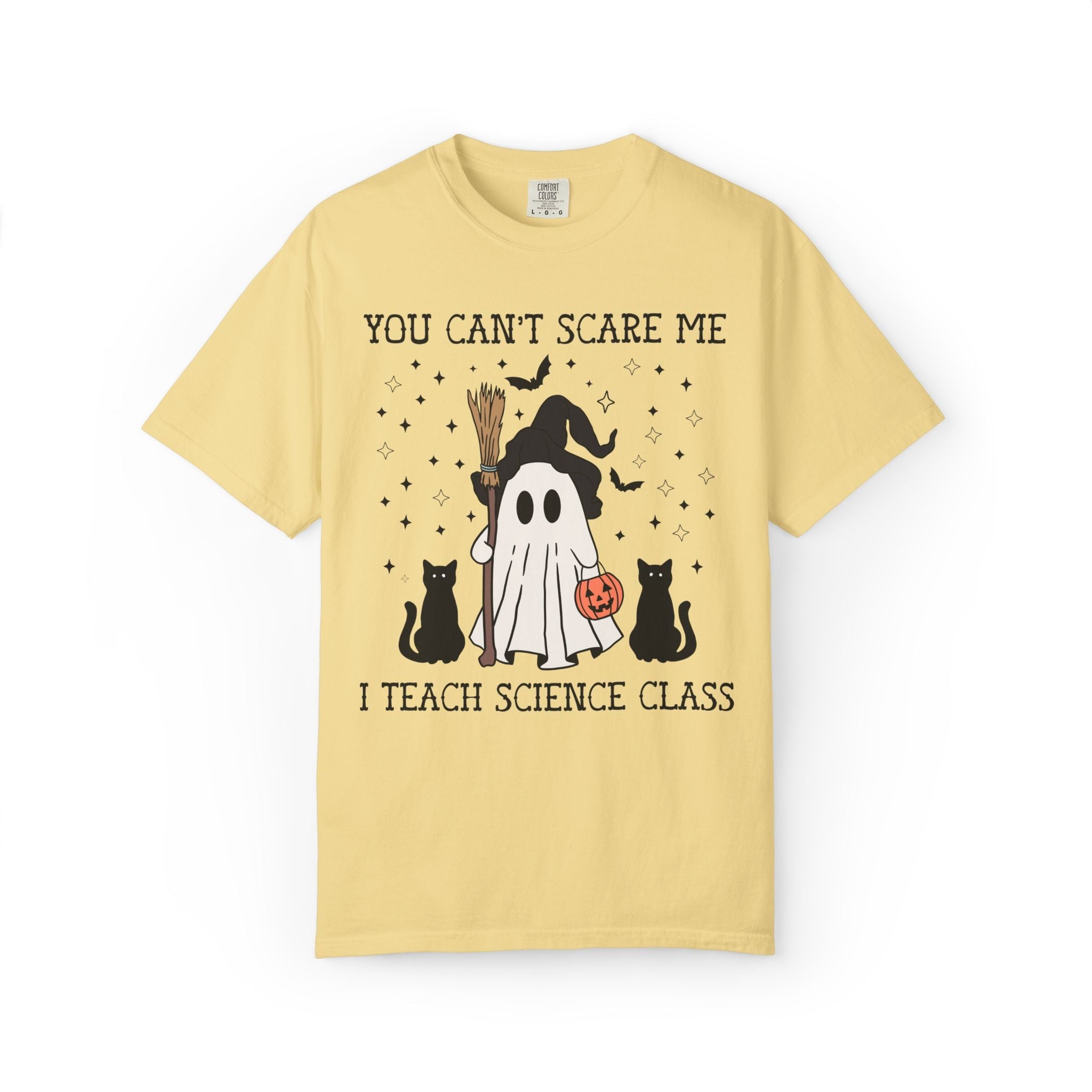 Science Teacher Halloween Tee Shirt with Witchy Ghost and Black Cats for Spooky Season: You Can't Scare Me, Science Department T-Shirt - Opal and June