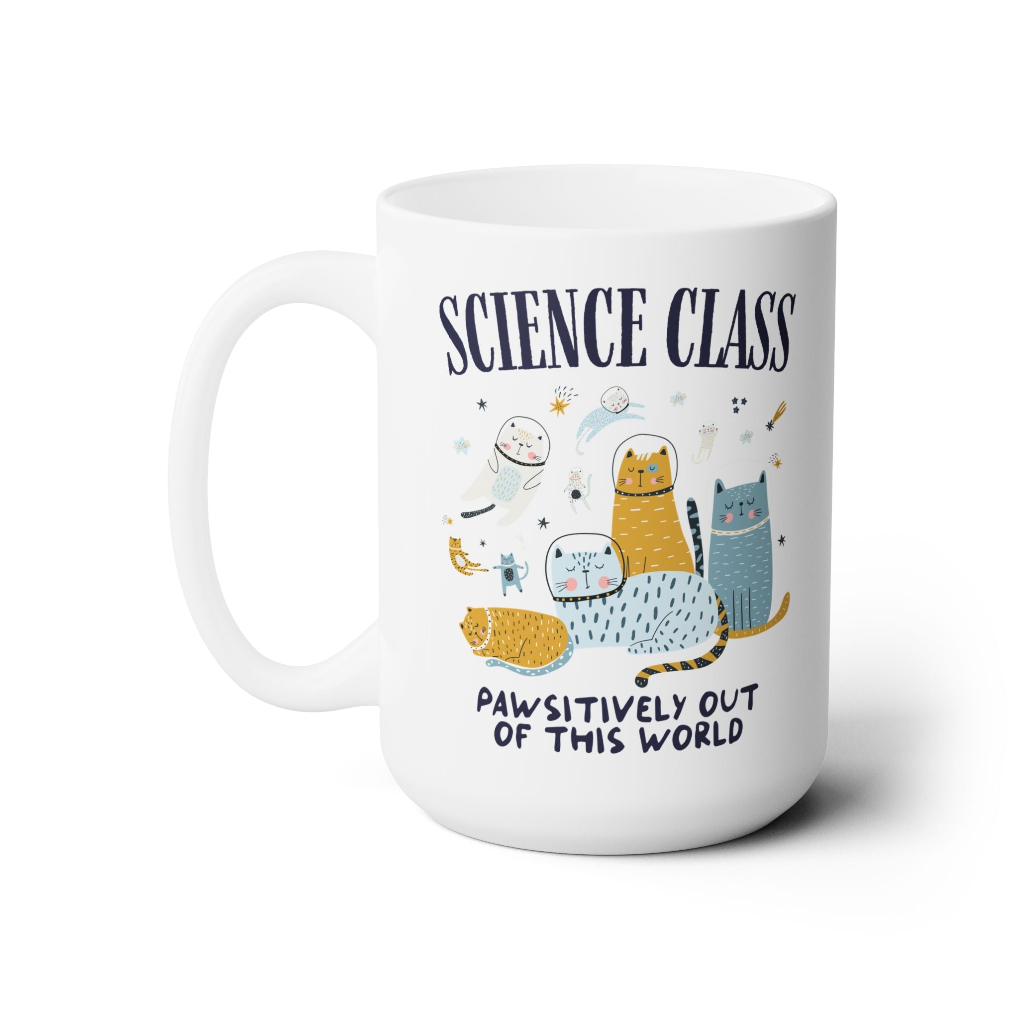 Science Teacher Space Cat 15 Oz Coffee Mug with Astronaut Kittens and Stars: Pawsitively Out of This World Teacher Team Mug for Cat Lover - Opal and June