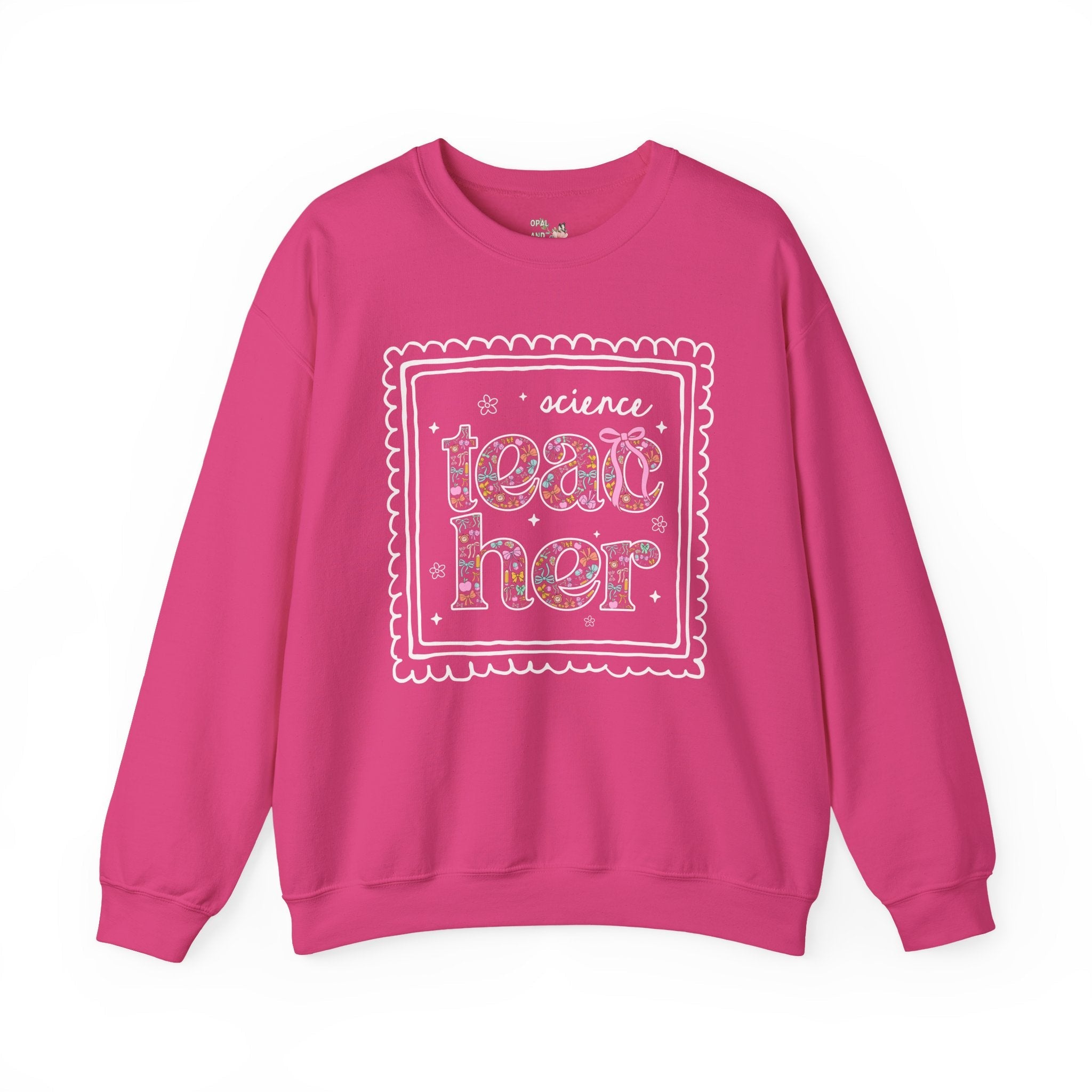 Science Teacher Sweatshirt for Back to School, Cute Floral Matching Science Department Crewneck with Bow, Cute Nineties Aesthetic Doodles - Opal and June