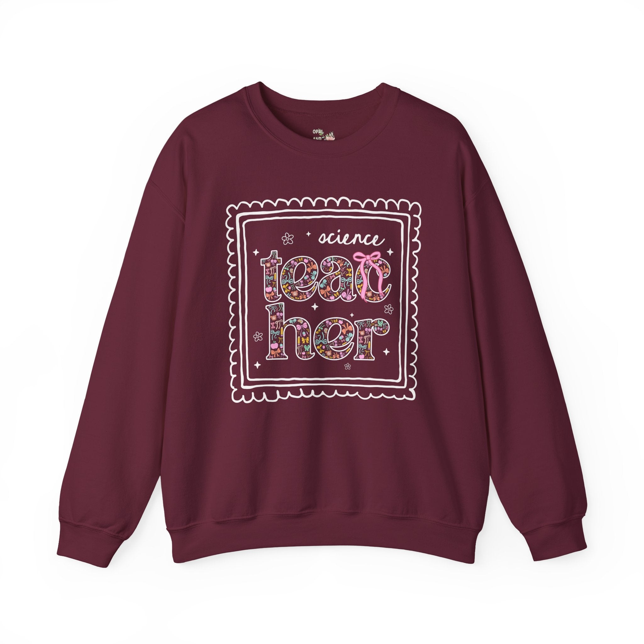 Science Teacher Sweatshirt for Back to School, Cute Floral Matching Science Department Crewneck with Bow, Cute Nineties Aesthetic Doodles - Opal and June