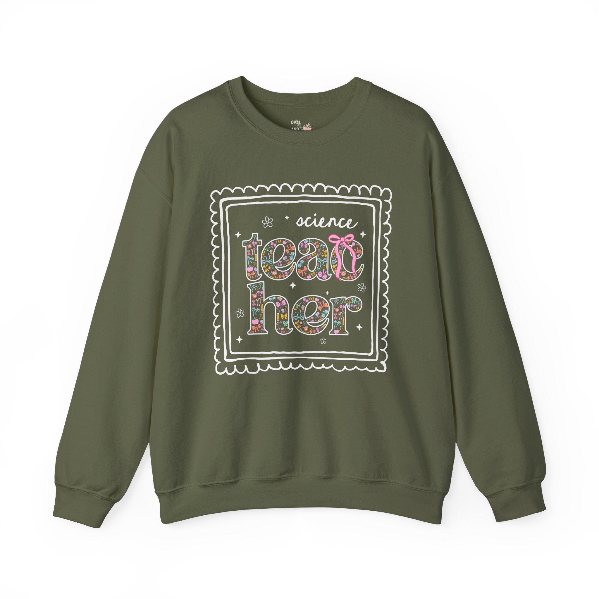 Science Teacher Sweatshirt for Back to School, Cute Floral Matching Science Department Crewneck with Bow, Cute Nineties Aesthetic Doodles - Opal and June