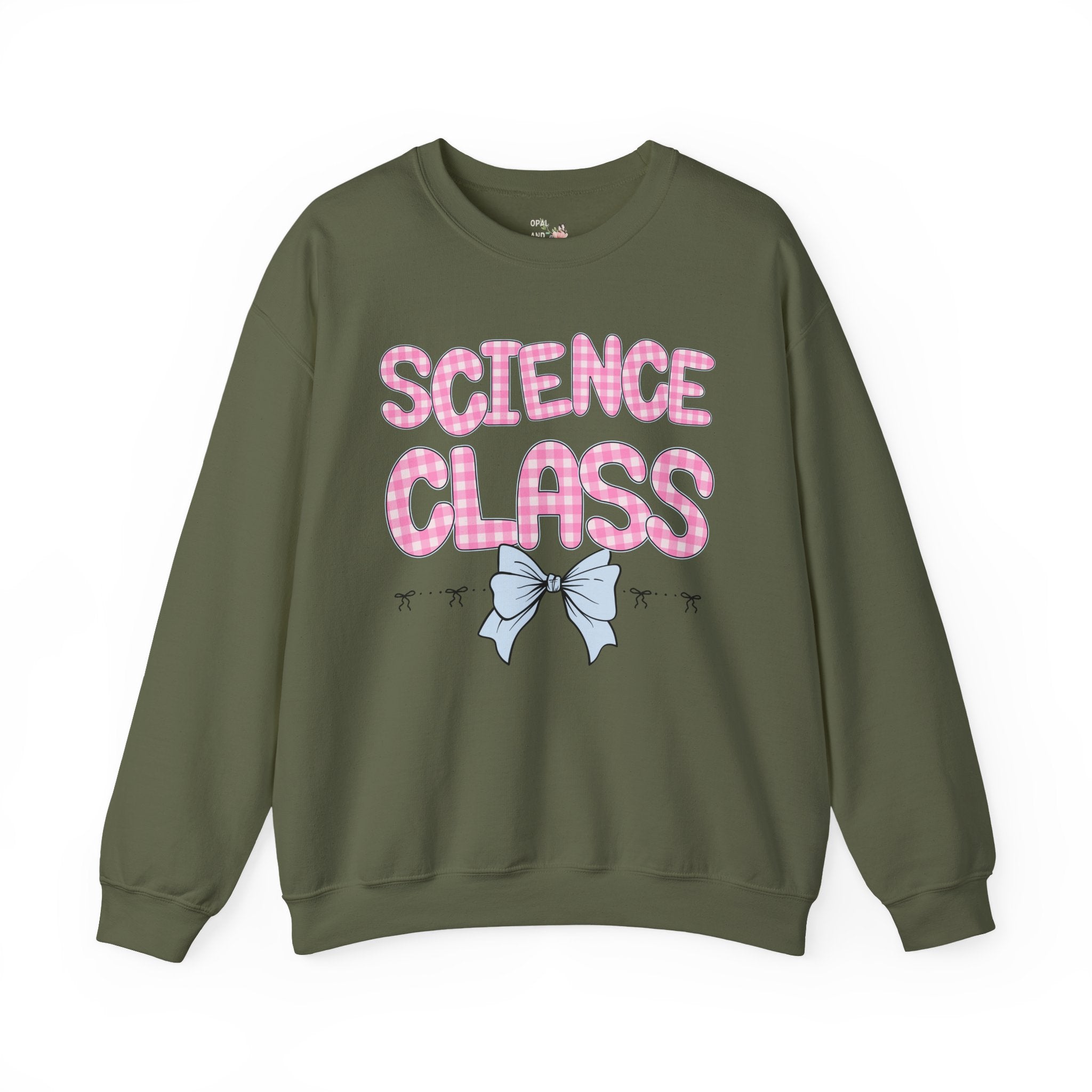 Science Teacher Sweatshirt, Pink Gingham Letters, First Day of School, Back to School Matching Teacher Shirt with Bow, Soft Girl Style - Opal and June
