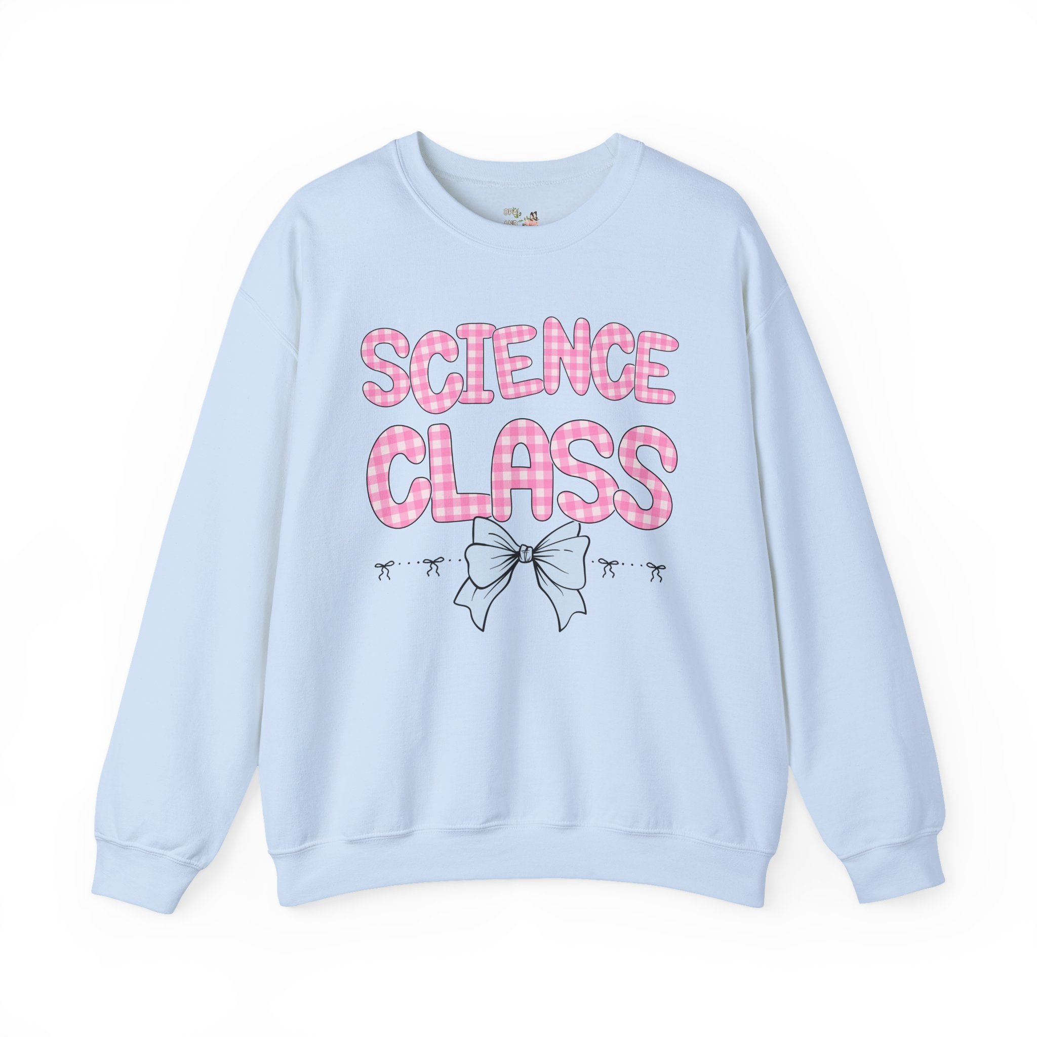 Science Teacher Sweatshirt, Pink Gingham Letters, First Day of School, Back to School Matching Teacher Shirt with Bow, Soft Girl Style - Opal and June