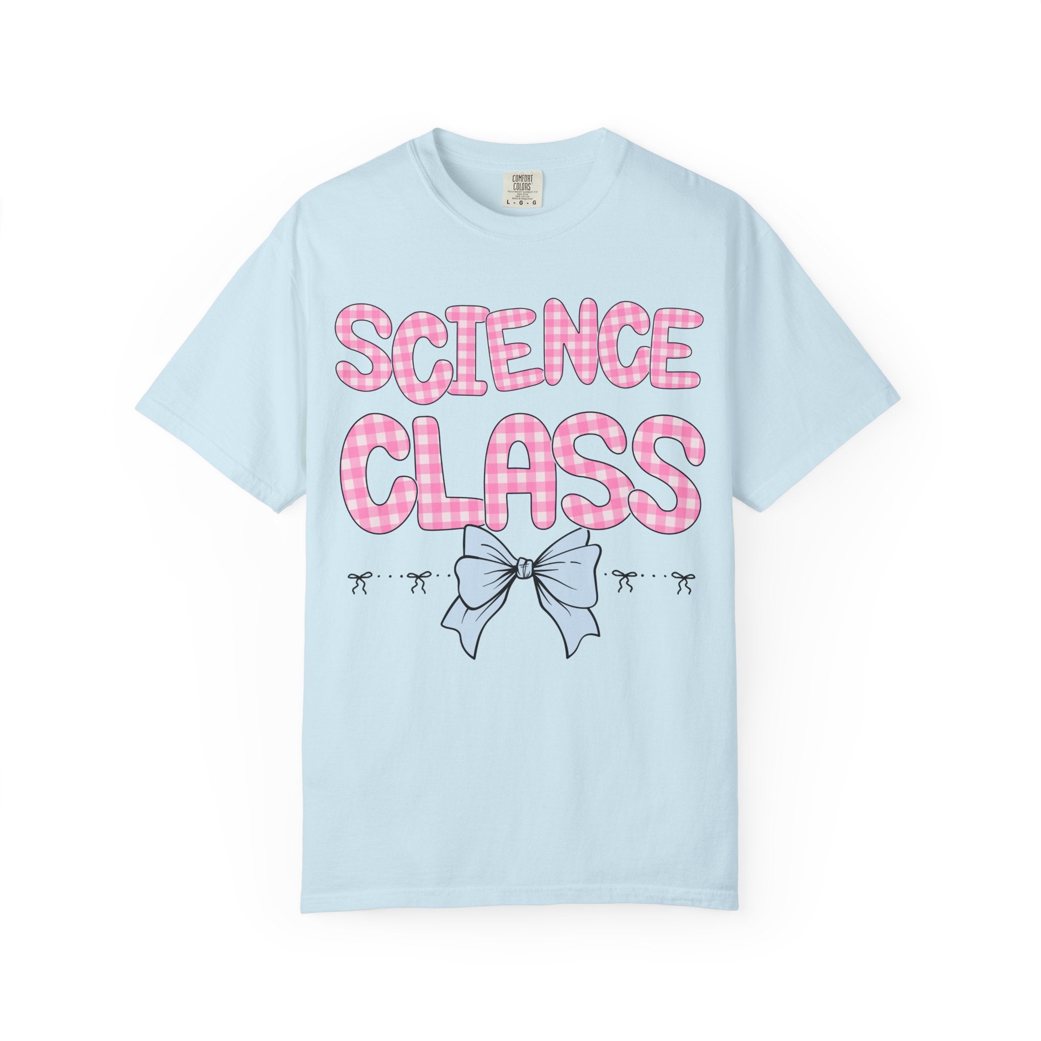 Science Teacher Tee Shirt with Pink Gingham Letters, First Day of School, Back to School Matching Teacher Tee with Bow, Soft Girl Style - Opal and June