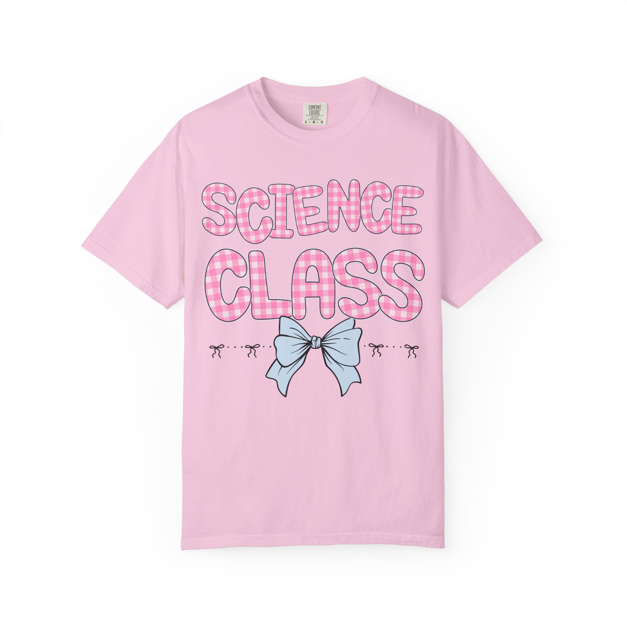 Science Teacher Tee Shirt with Pink Gingham Letters, First Day of School, Back to School Matching Teacher Tee with Bow, Soft Girl Style - Opal and June