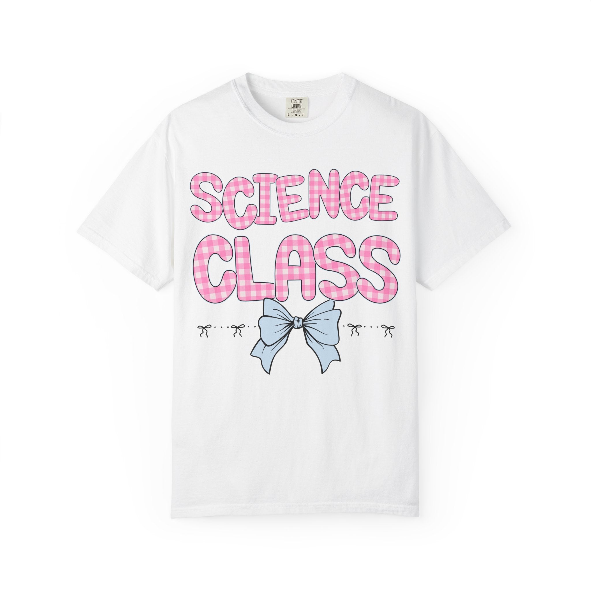 Science Teacher Tee Shirt with Pink Gingham Letters, First Day of School, Back to School Matching Teacher Tee with Bow, Soft Girl Style - Opal and June