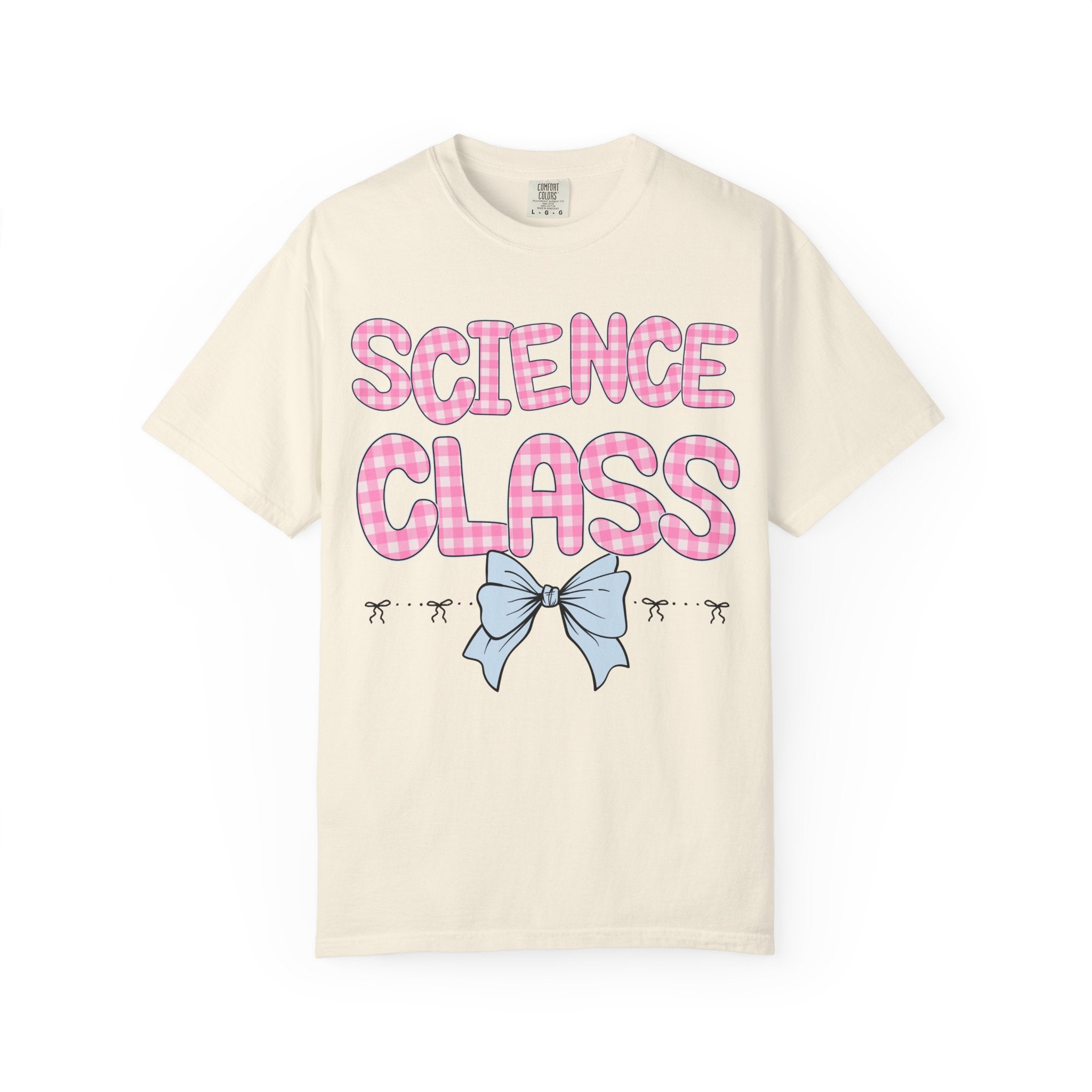 Science Teacher Tee Shirt with Pink Gingham Letters, First Day of School, Back to School Matching Teacher Tee with Bow, Soft Girl Style - Opal and June