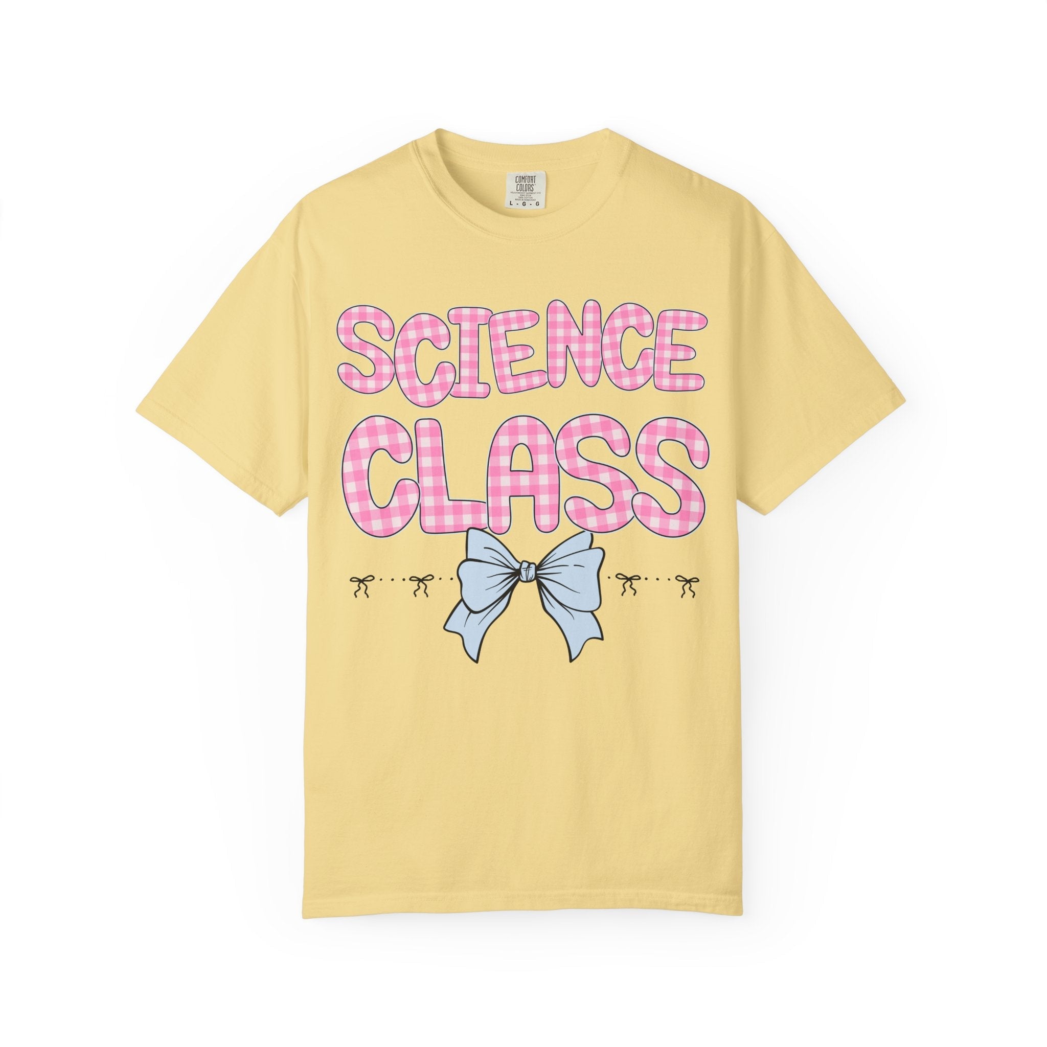 Science Teacher Tee Shirt with Pink Gingham Letters, First Day of School, Back to School Matching Teacher Tee with Bow, Soft Girl Style - Opal and June