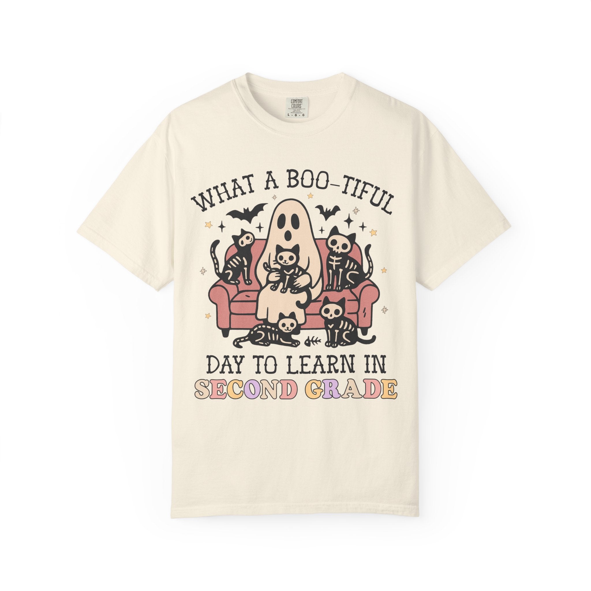 Second Grade Halloween Teacher Tee Shirt with Cute Spooky Cats, Matching Teacher T-Shirt for Halloween, Nostalgic Halloween Funny Saying Tee - Opal and June