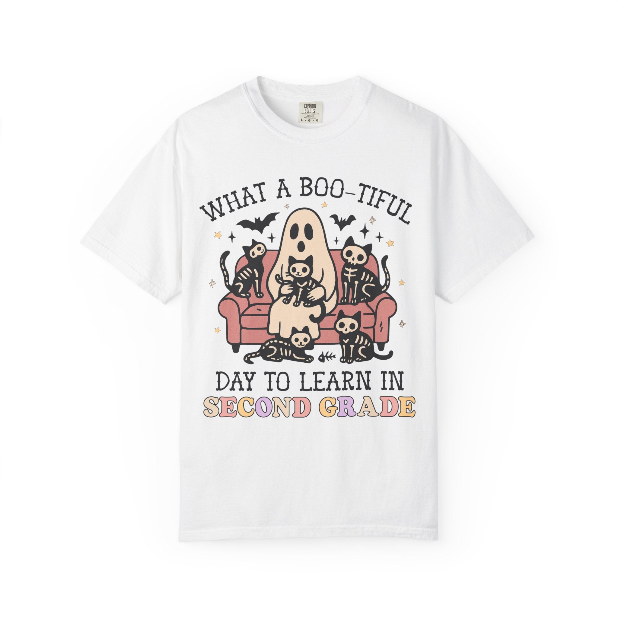 Second Grade Halloween Teacher Tee Shirt with Cute Spooky Cats, Matching Teacher T-Shirt for Halloween, Nostalgic Halloween Funny Saying Tee - Opal and June