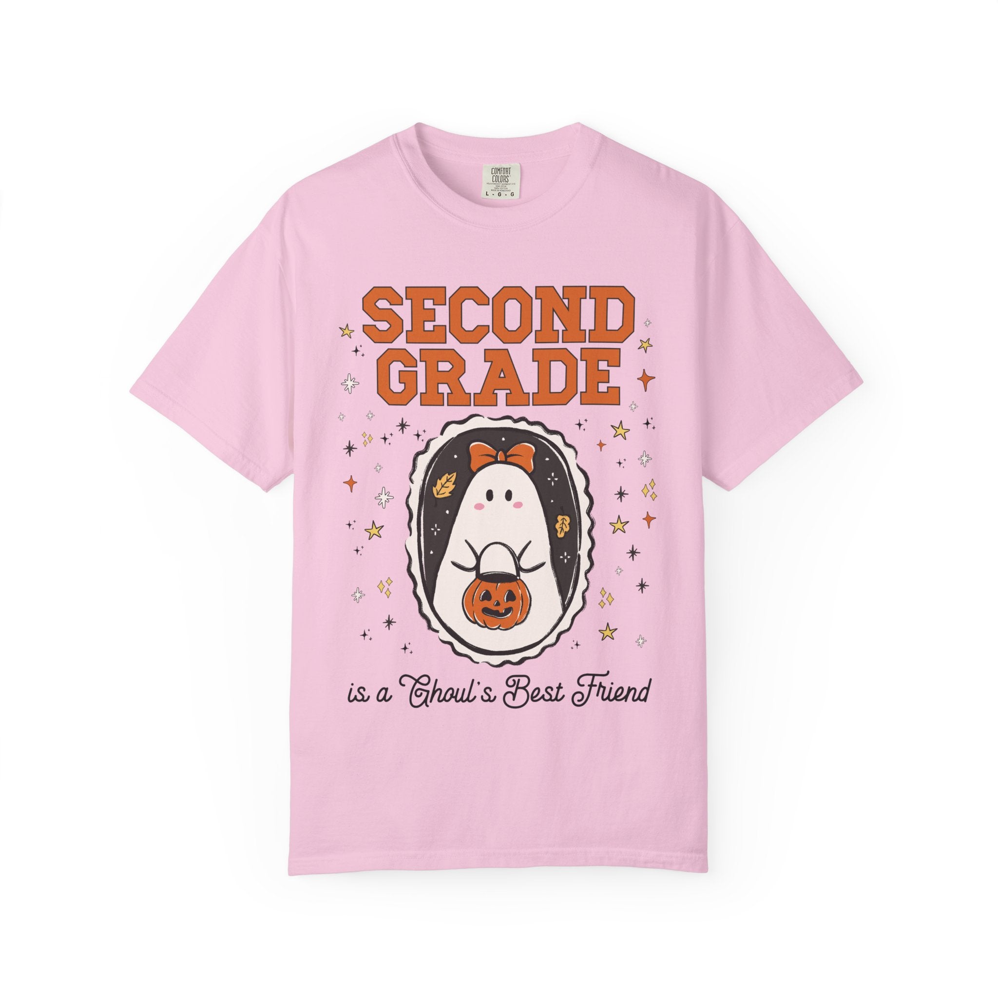 Second Grade Halloween Teacher Tee Shirt with Stars, Cute Ghost Lover Tee for Fall, Matching Second Grade Crew Halloween Tee, 90s Throwback - Opal and June