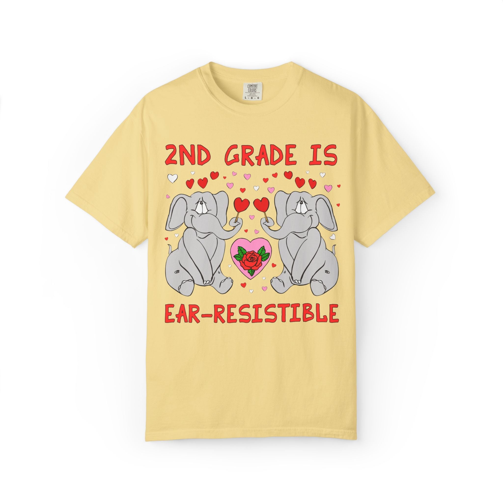 Second Grade is Ear - Resistible! Valentine's Day Teacher Tee: Funny Animal Lover T-Shirt with Elephant and Hearts, Cute Matching Teacher Tee - Opal and June