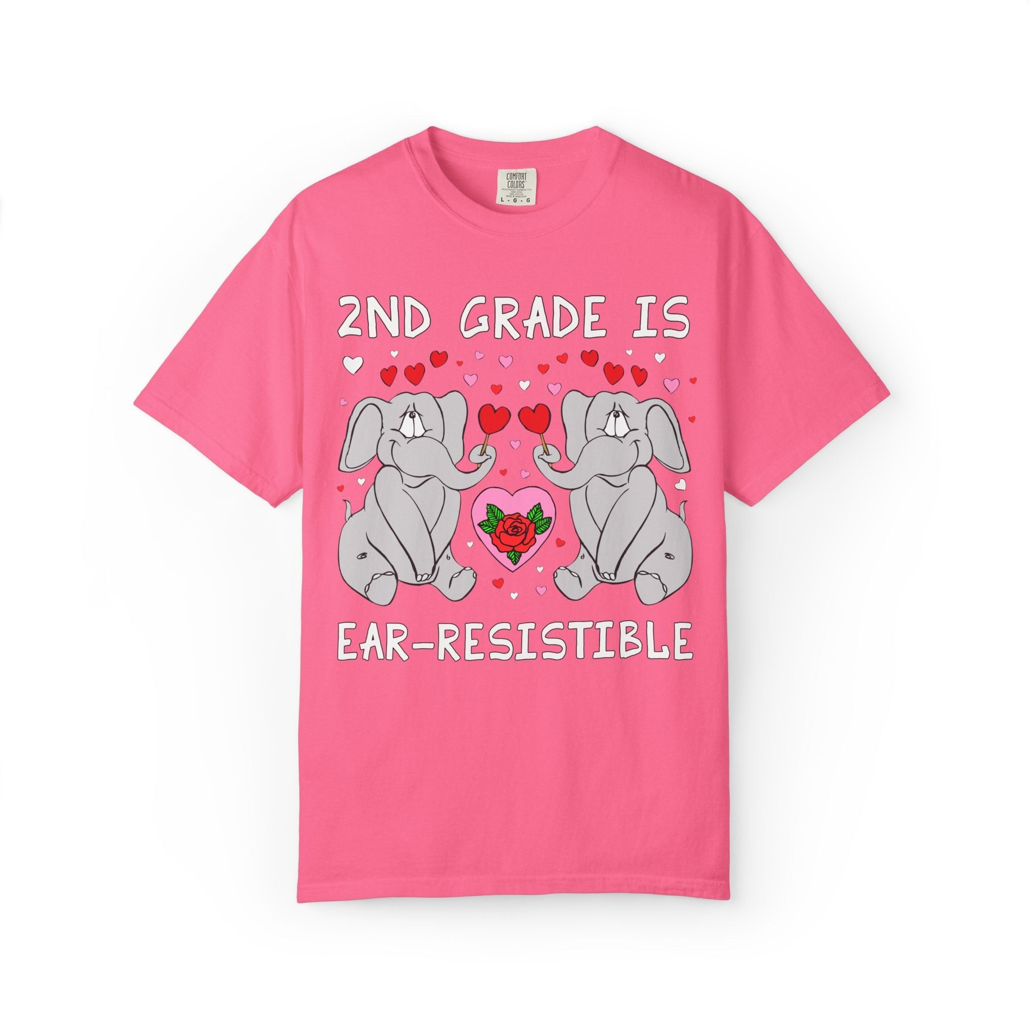 Second Grade is Ear - Resistible! Valentine's Day Teacher Tee: Funny Animal Lover T-Shirt with Elephant and Hearts, Cute Matching Teacher Tee - Opal and June