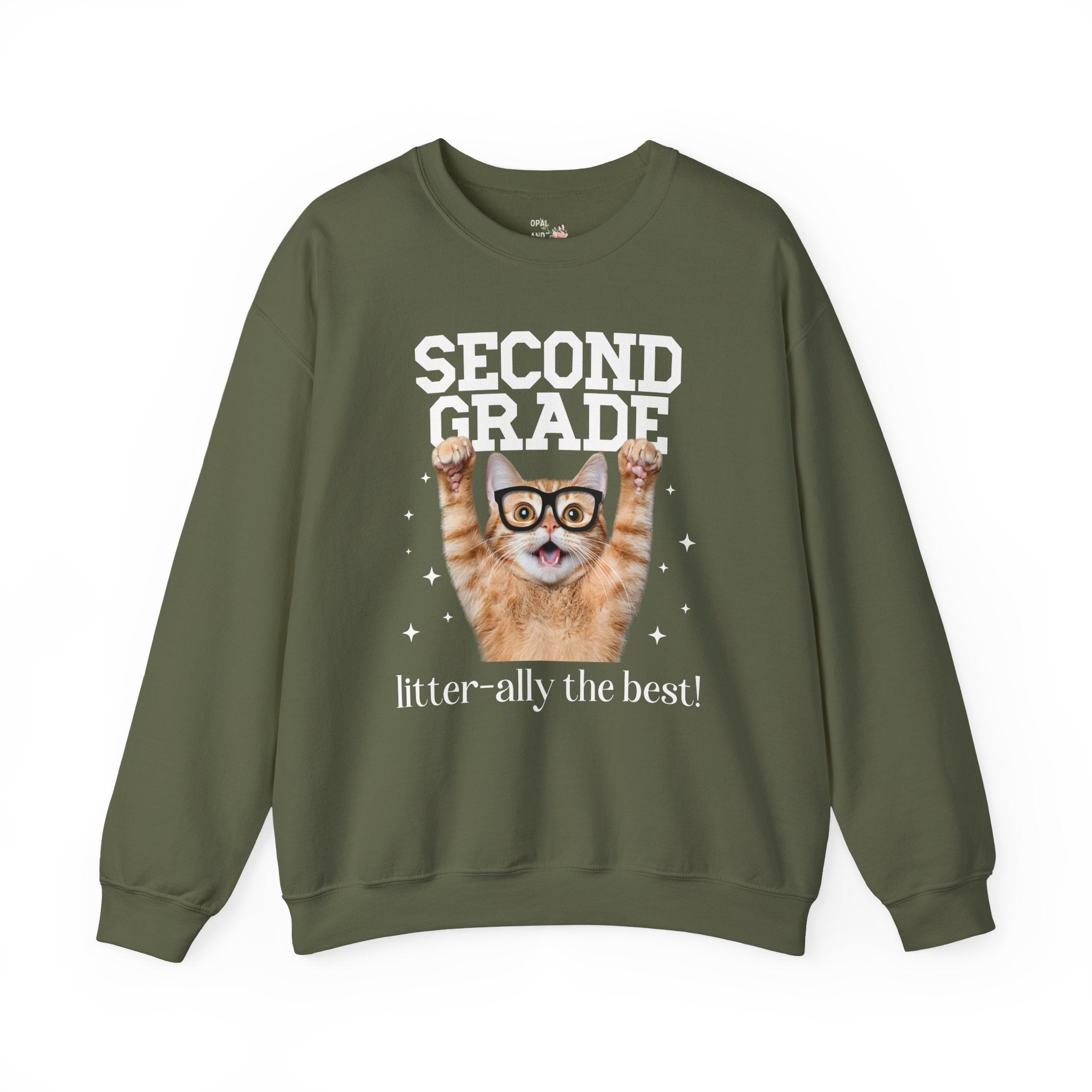 Second Grade Teacher Cat Lover Sweatshirt for Back to School, Funny Saying Cat Mom or Cat Dad Gift, First Day of School Teacher Team Shirt - Opal and June