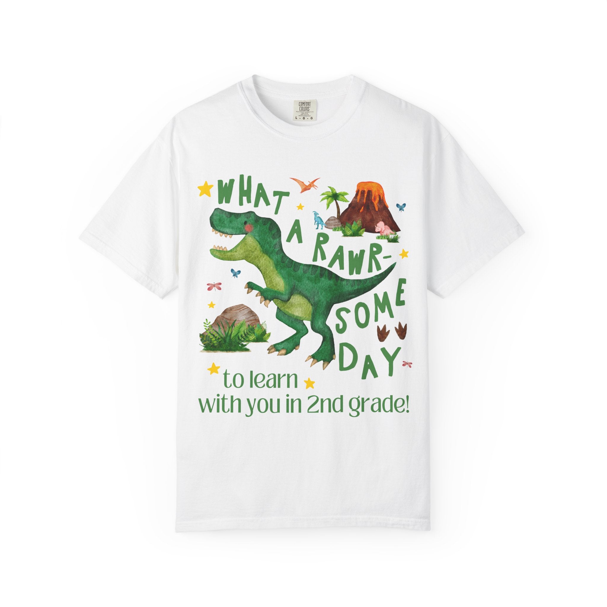Second Grade Teacher Dinosaur Lover Tee Shirt, Cute Matching Back to School Second Grade Team or Crew T-Shirt with Stars, New Teacher Gift - Opal and June