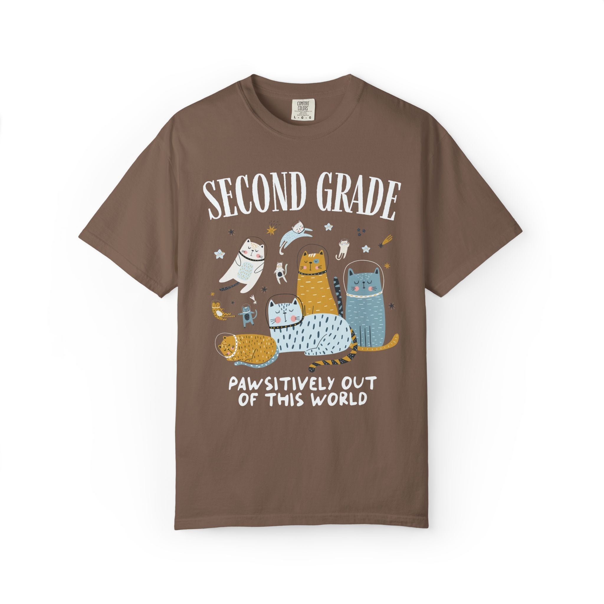 Second Grade Teacher Space Cat Tee Shirt with Astronaut Kittens and Stars: Pawsitively Out of This World Teacher Team T-Shirt for Cat Lover - Opal and June