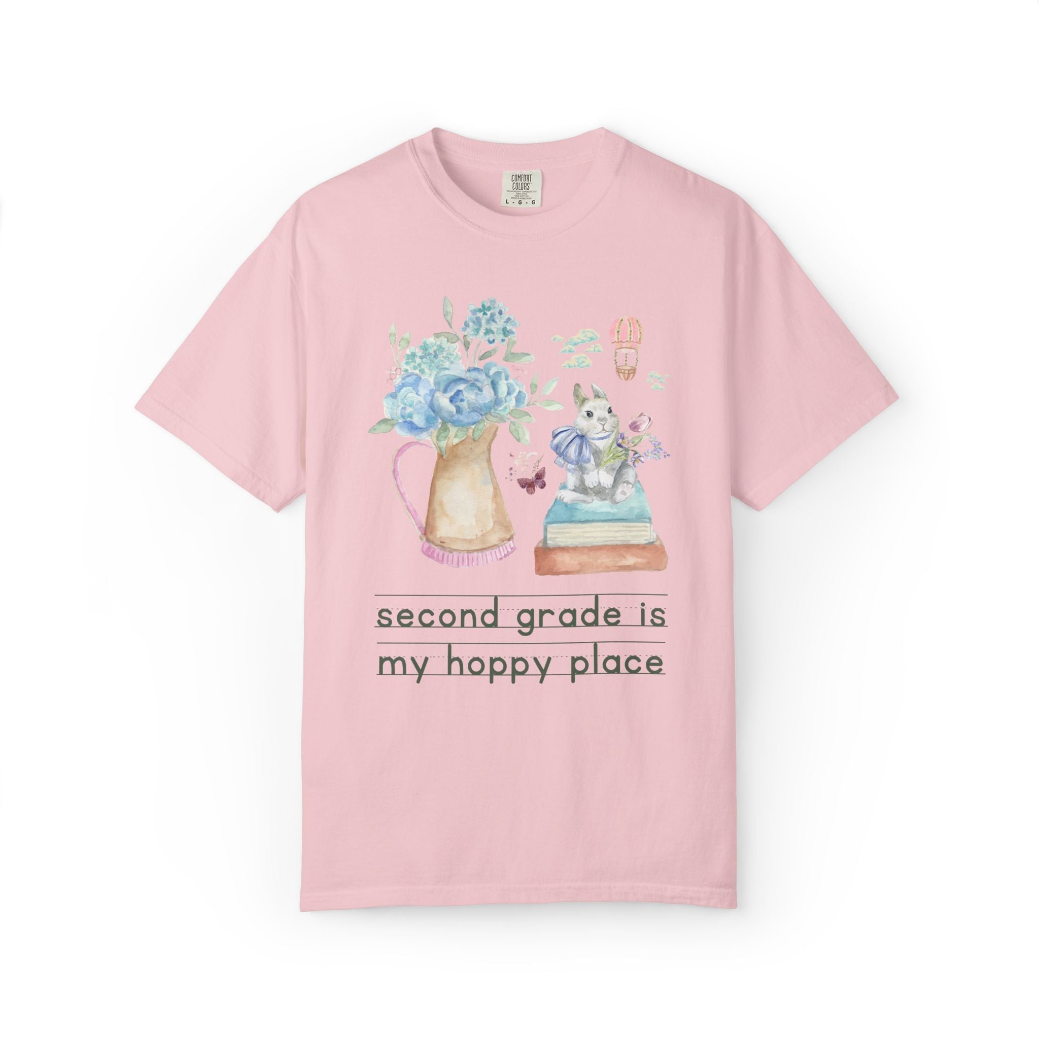 Second Grade Teacher Spring Matching Teacher T-Shirt with Cottagecore Flowers and a Bow: My Hoppy Place, Sweet Goblincore Soft Girl Style Butterfly Lover Tee - Opal and June
