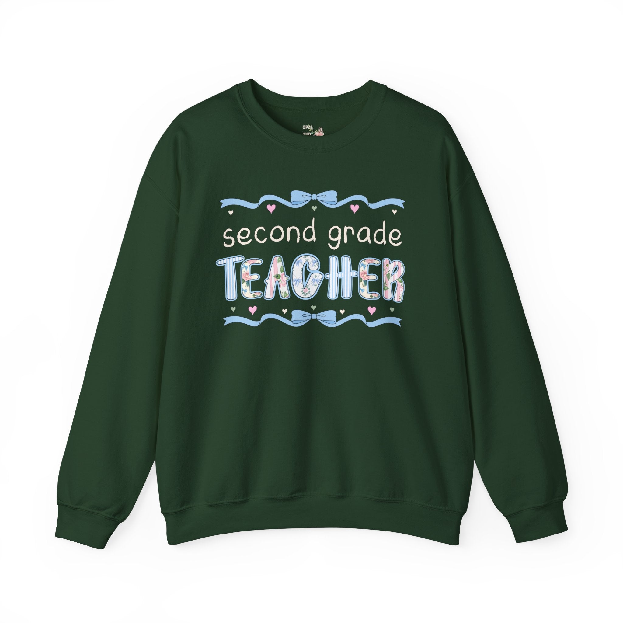 Second Grade Teacher Sweatshirt, Back to School, Cute First Day of School Teacher Shirt with Bow, Boho 90s Aesthetic Teacher Team Crewneck - Opal and June