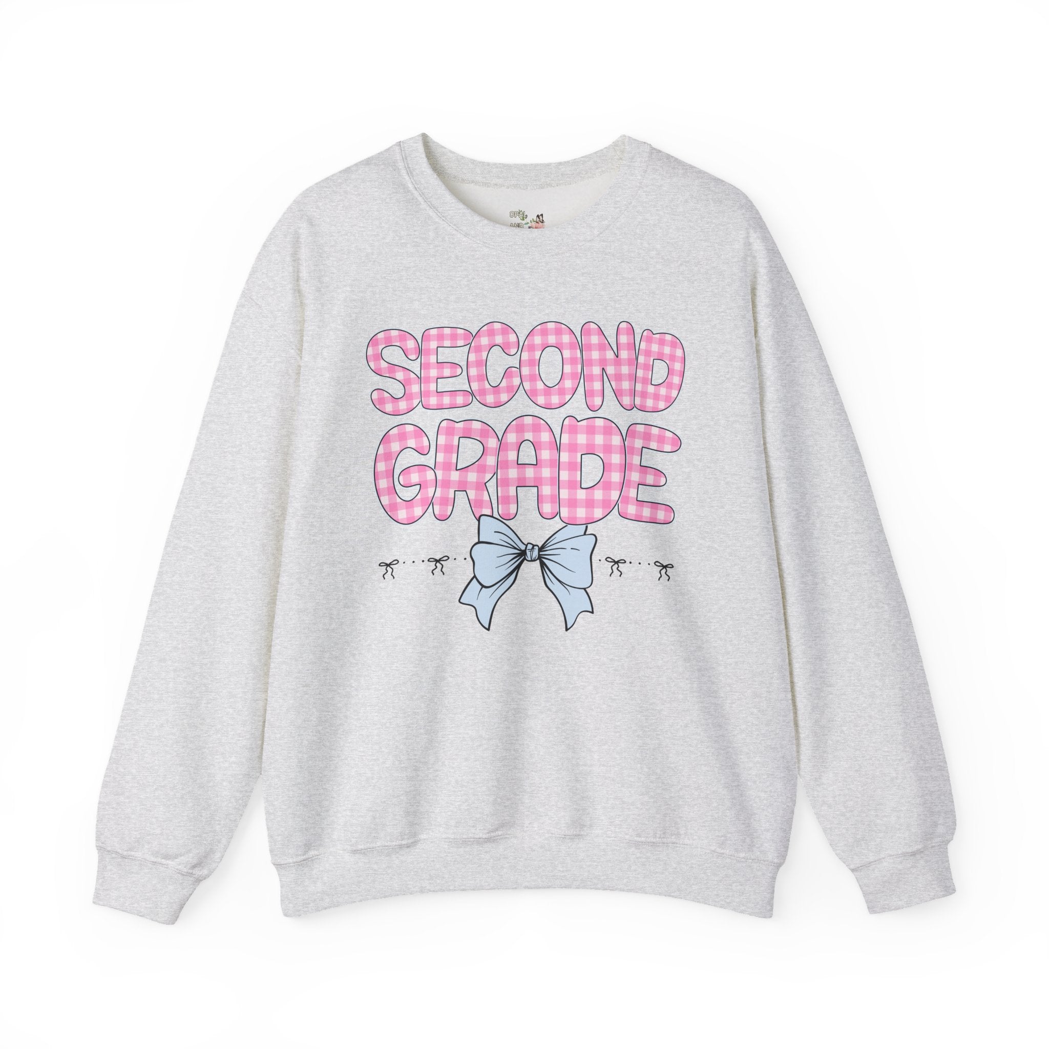 Second Grade Teacher Sweatshirt, Pink Gingham Letters, First Day of School, Back to School Matching Teacher Shirt with Bow, Soft Girl Style - Opal and June