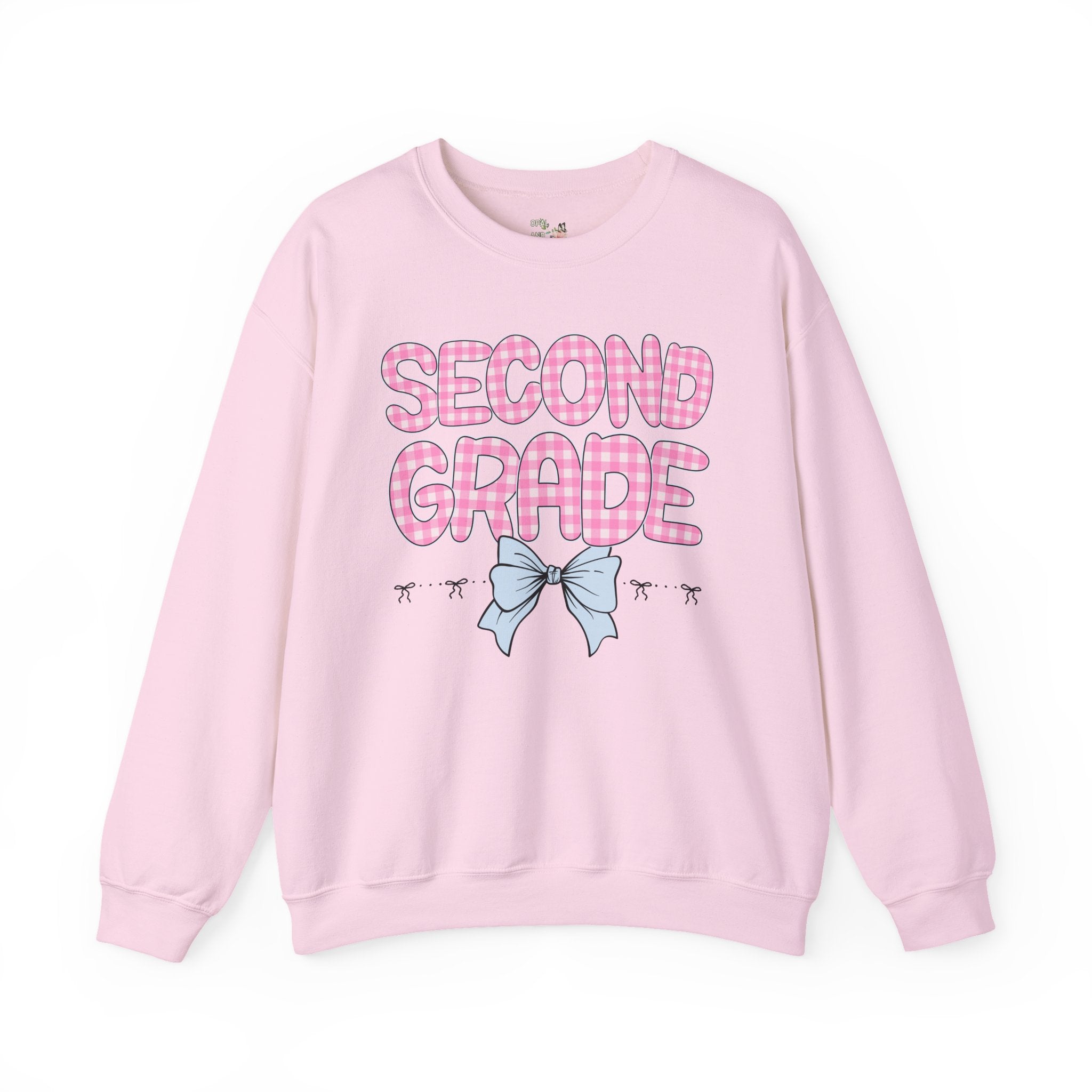 Second Grade Teacher Sweatshirt, Pink Gingham Letters, First Day of School, Back to School Matching Teacher Shirt with Bow, Soft Girl Style - Opal and June