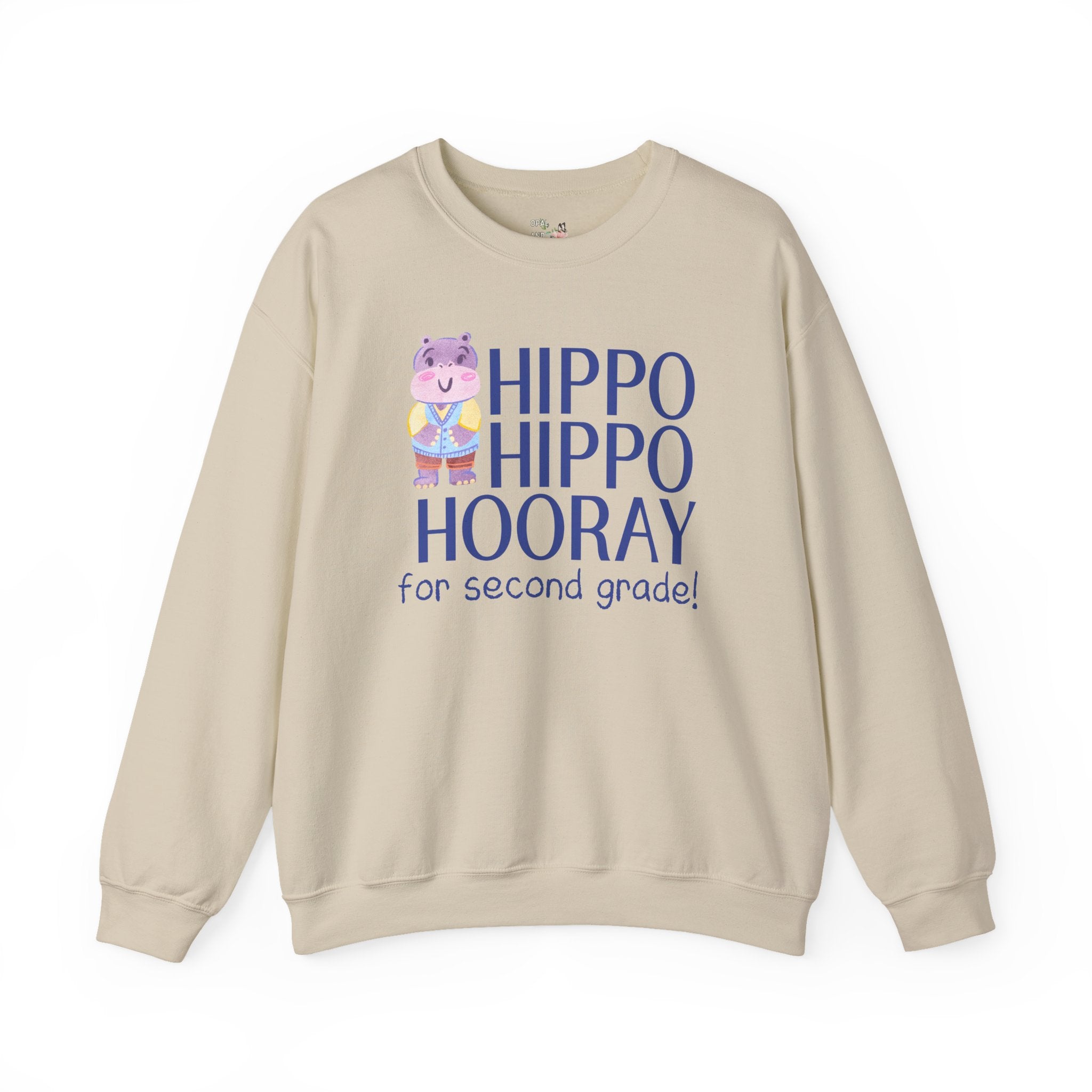 Second Grade Teacher Sweatshirt with Adorable Retro Hippo, Funny Back to School Teacher Team Crewneck for Animal Lover, New Teacher Gift - Opal and June