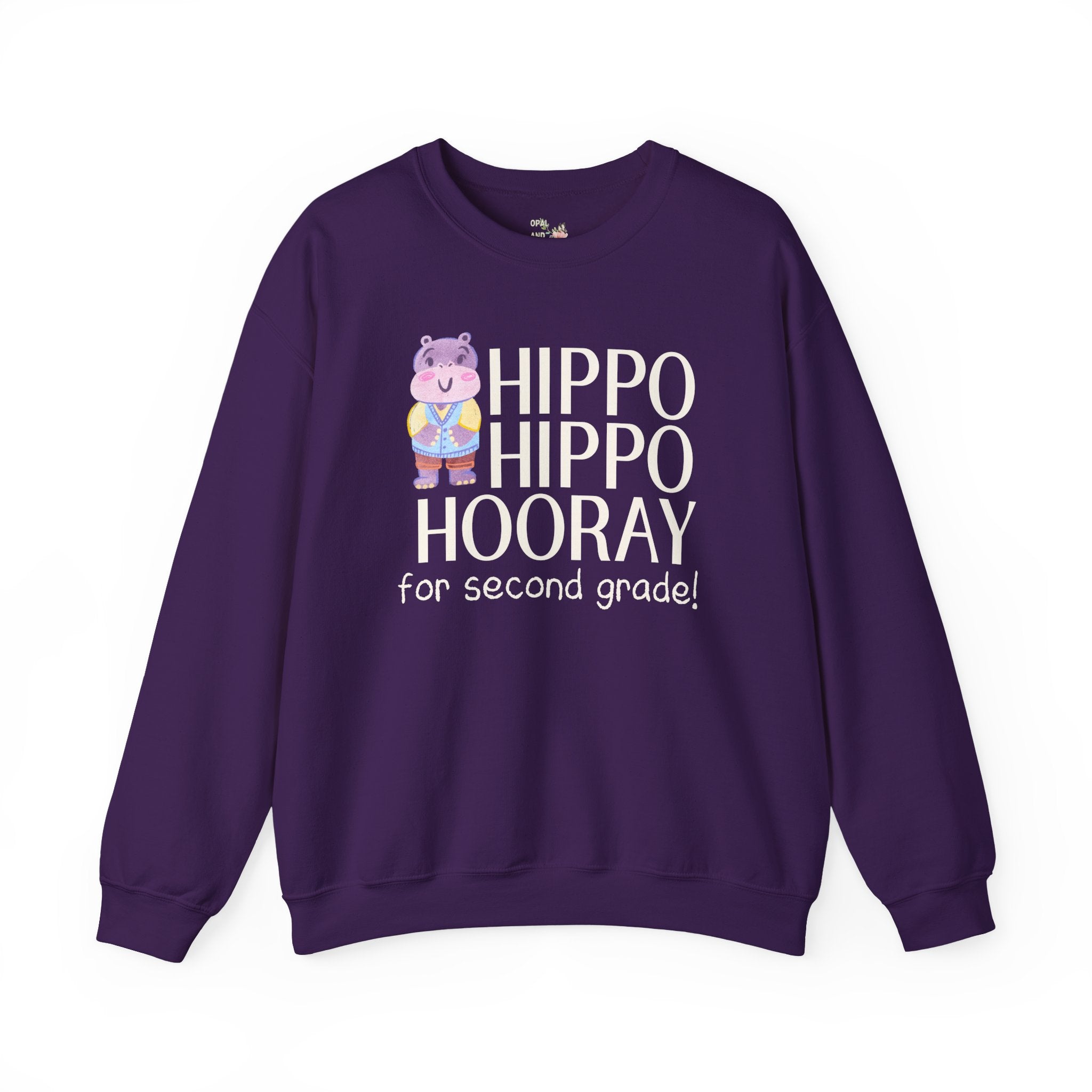 Second Grade Teacher Sweatshirt with Adorable Retro Hippo, Funny Back to School Teacher Team Crewneck for Animal Lover, New Teacher Gift - Opal and June