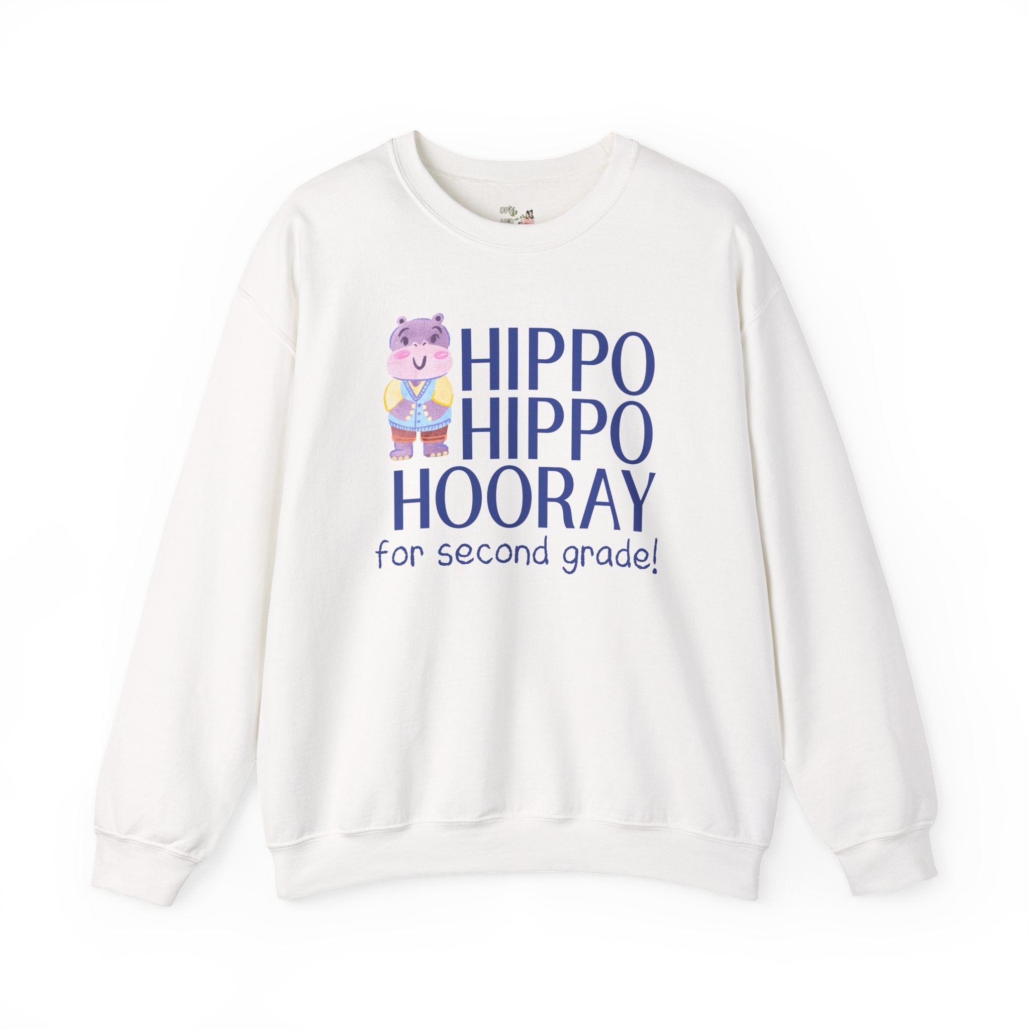Second Grade Teacher Sweatshirt with Adorable Retro Hippo, Funny Back to School Teacher Team Crewneck for Animal Lover, New Teacher Gift - Opal and June