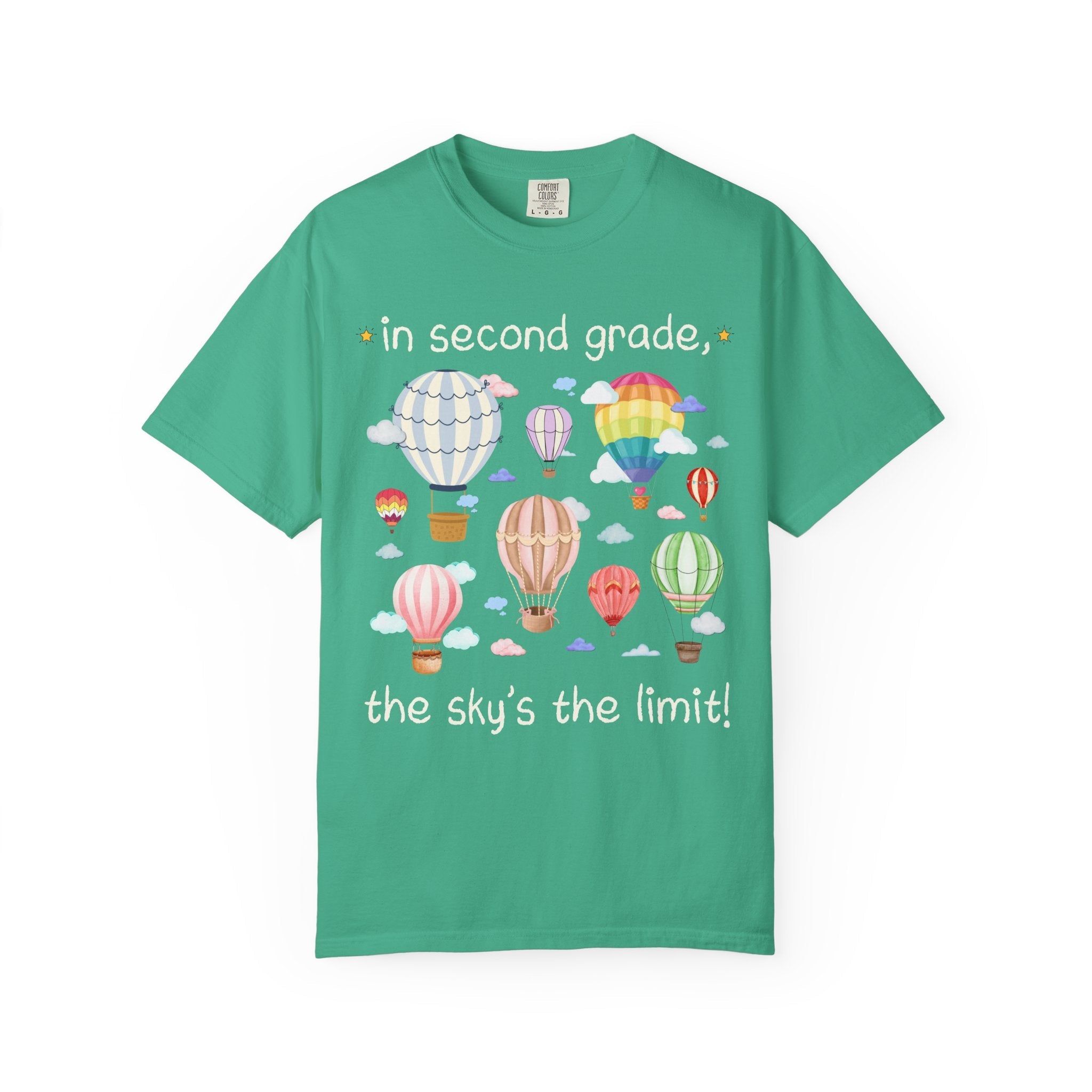 Second Grade Teacher T-Shirt with Cute Retro Hot Air Balloons, Uplifting Colorful Maximalist Back to School Matching Teacher Tee with Clouds - Opal and June