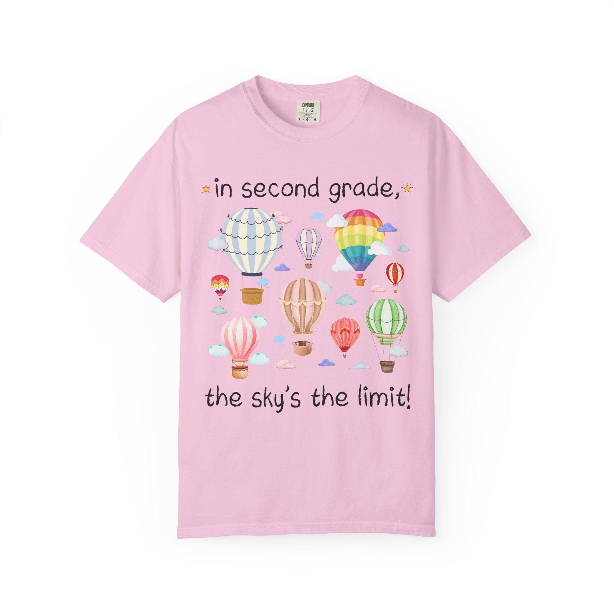 Second Grade Teacher T-Shirt with Cute Retro Hot Air Balloons, Uplifting Colorful Maximalist Back to School Matching Teacher Tee with Clouds - Opal and June