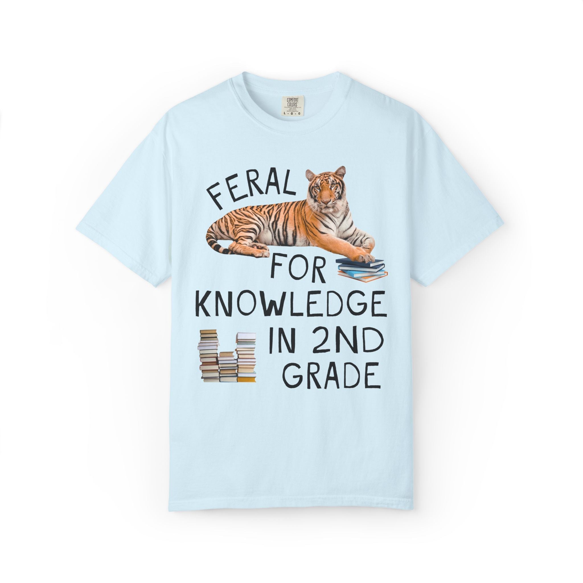 Second Grade Teacher Team Shirt: Feral for Knowledge in 2nd Grade, Silly Animal Lover T-Shirt with Tiger Holding Books, Matching Teacher Tee - Opal and June