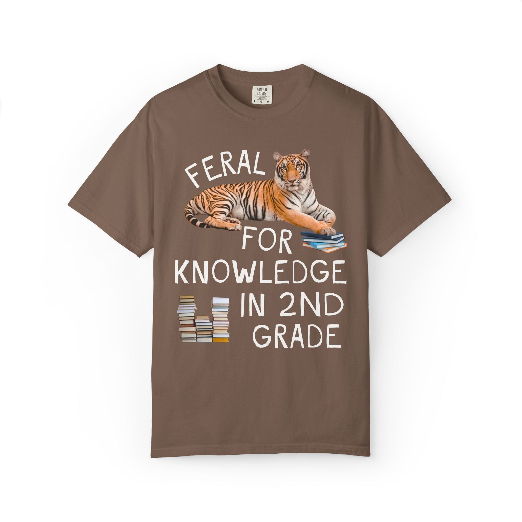 Second Grade Teacher Team Shirt: Feral for Knowledge in 2nd Grade, Silly Animal Lover T-Shirt with Tiger Holding Books, Matching Teacher Tee - Opal and June
