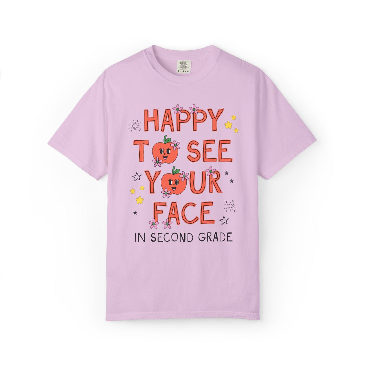 Second Grade Teacher Team Tee Shirt: Happy to See Your Face | Cute Back to School T-Shirt with Retro Apples and Flowers, First Day of School - Opal and June