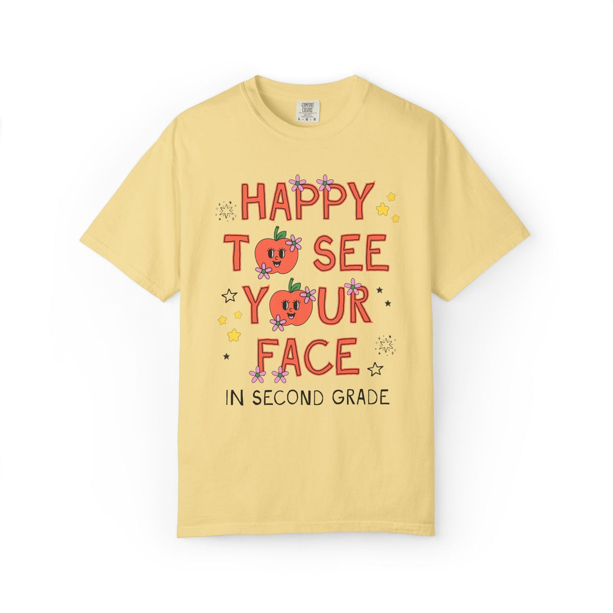 Second Grade Teacher Team Tee Shirt: Happy to See Your Face | Cute Back to School T-Shirt with Retro Apples and Flowers, First Day of School - Opal and June
