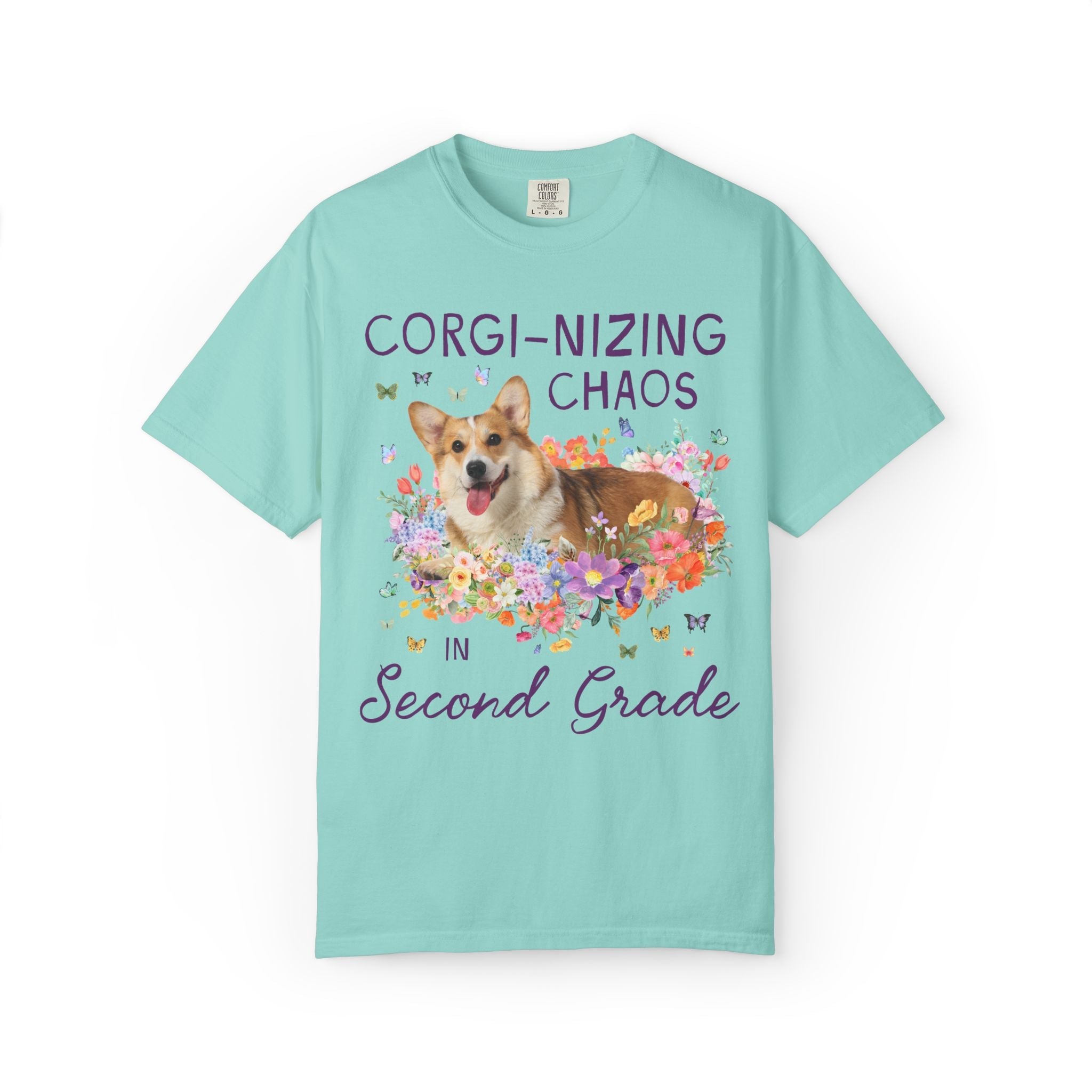 Second Grade Teacher Tee Shirt: Corgi-Nizing Chaos Floral Tee for Animal Lover, Cute Welsh Corgi Dog Matching Teacher Tee, Back to School - Opal and June