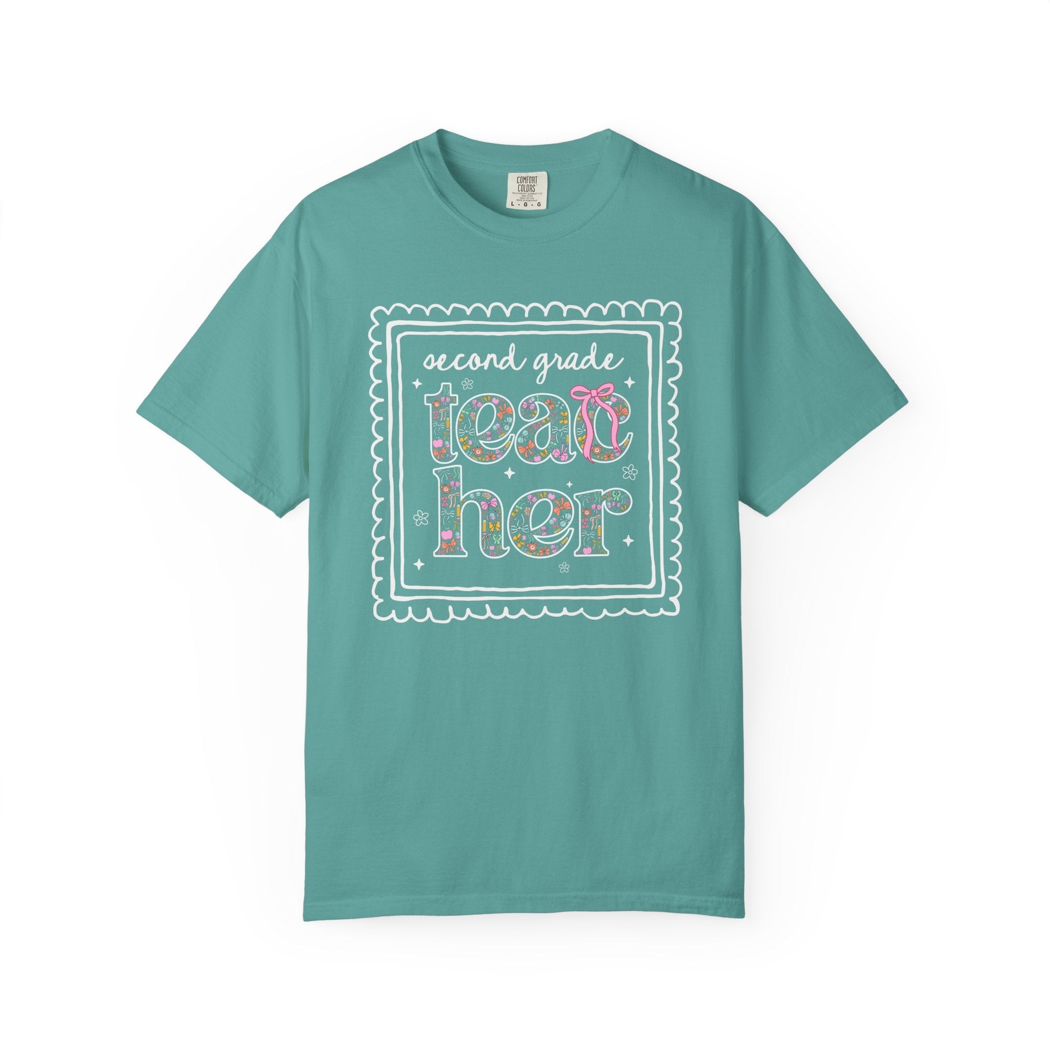 Second Grade Teacher Tee Shirt for Back to School, Cute Floral Matching Second Grade Crew T-Shirt with Bow, Cute Nineties Aesthetic Doodles - Opal and June