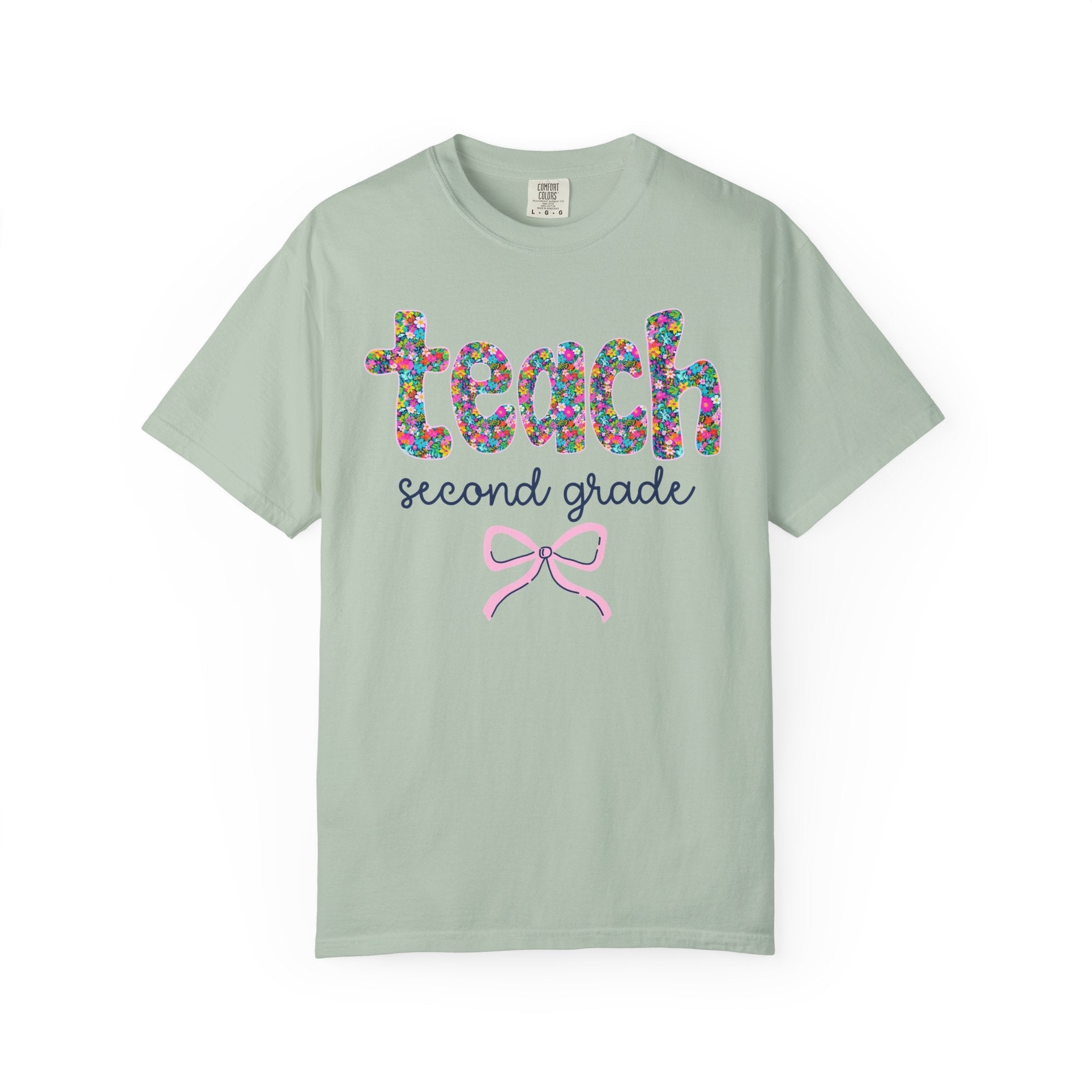 Second Grade Teacher Tee Shirt with Colorful Flowers and Bow, Teacher Team Tee for Back to School, New Teacher Gift, Teacher Appreciation - Opal and June