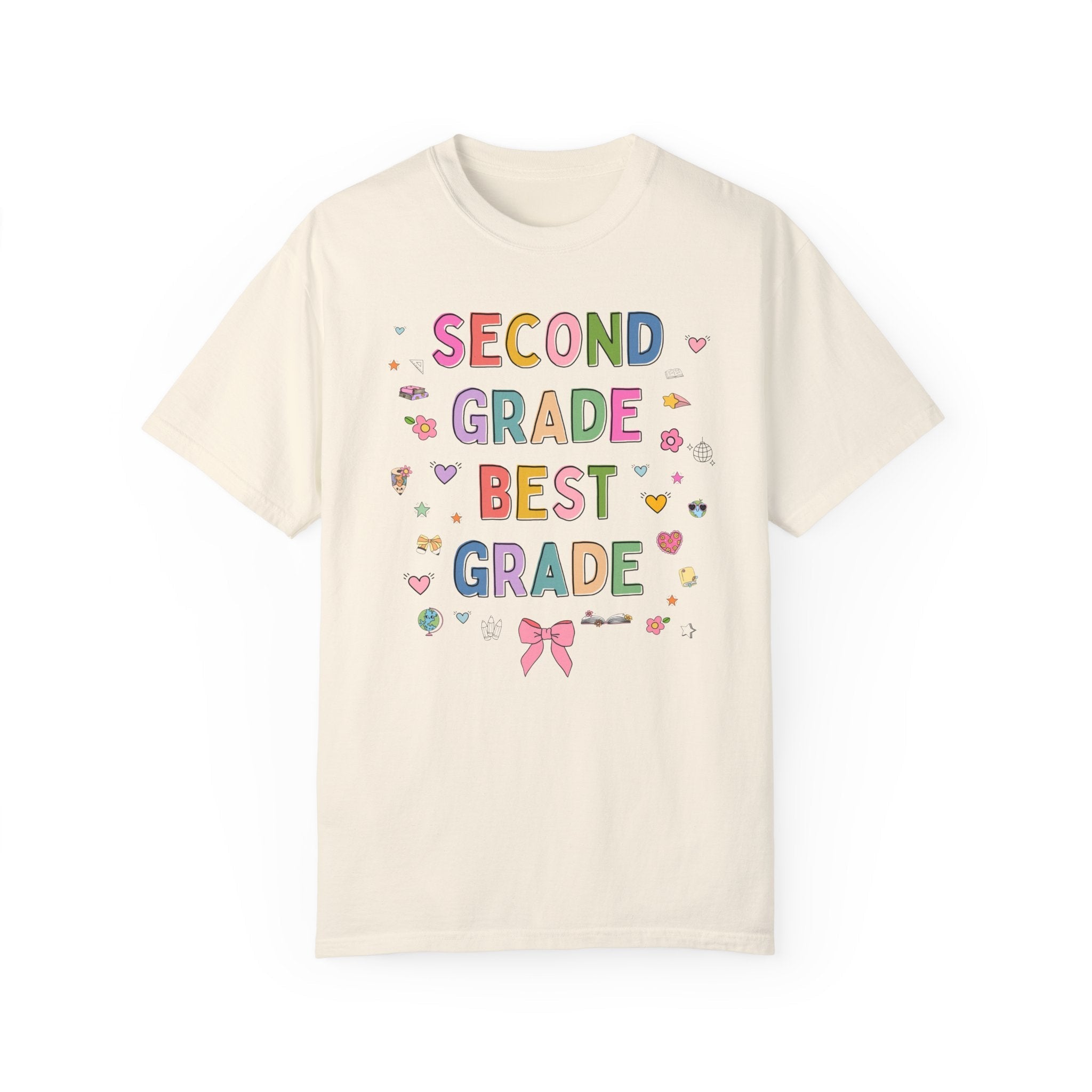 Second Grade Teacher Tee Shirt with Cute 90s Aesthetic Doodles, Colorful Matching Teacher T-Shirt for Second Grade Crew, New Teacher Present - Opal and June