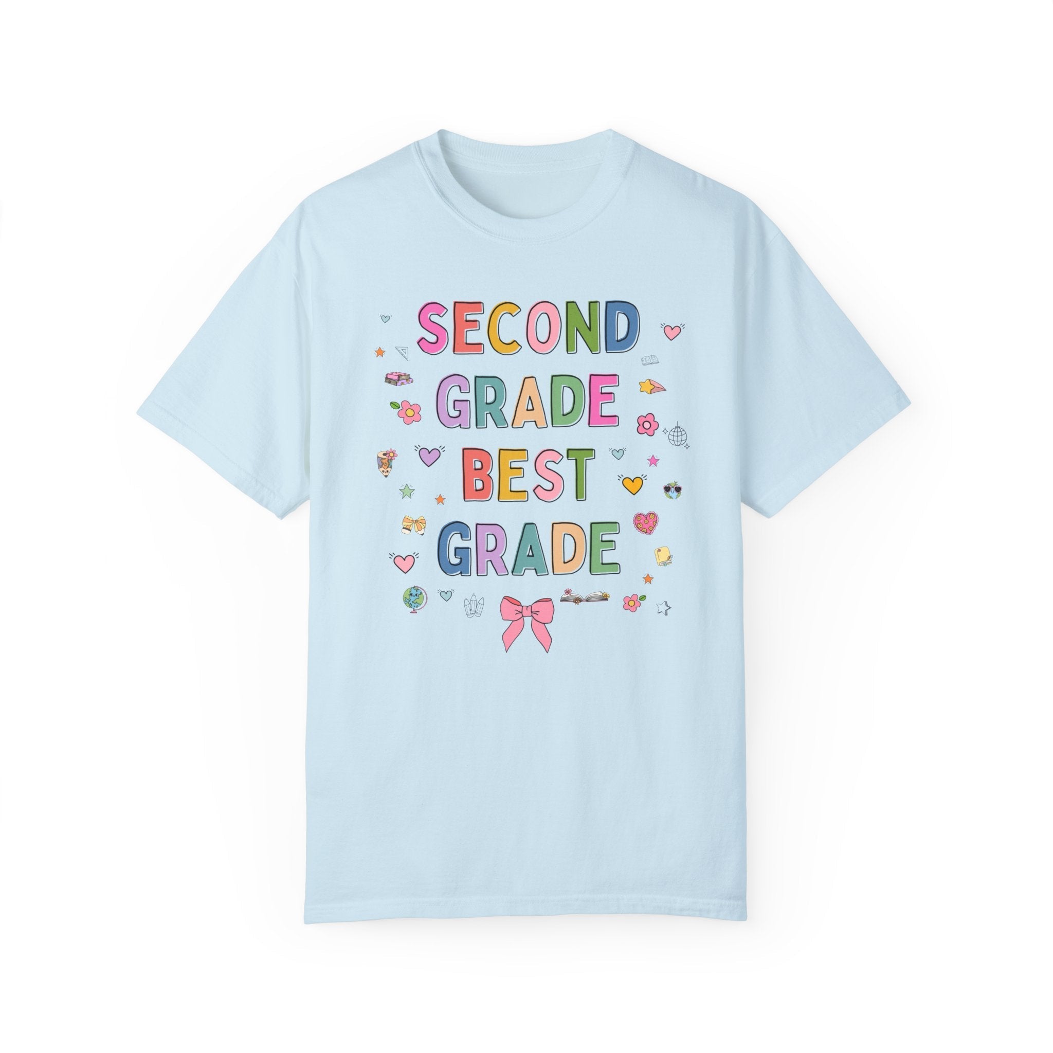 Second Grade Teacher Tee Shirt with Cute 90s Aesthetic Doodles, Colorful Matching Teacher T-Shirt for Second Grade Crew, New Teacher Present - Opal and June