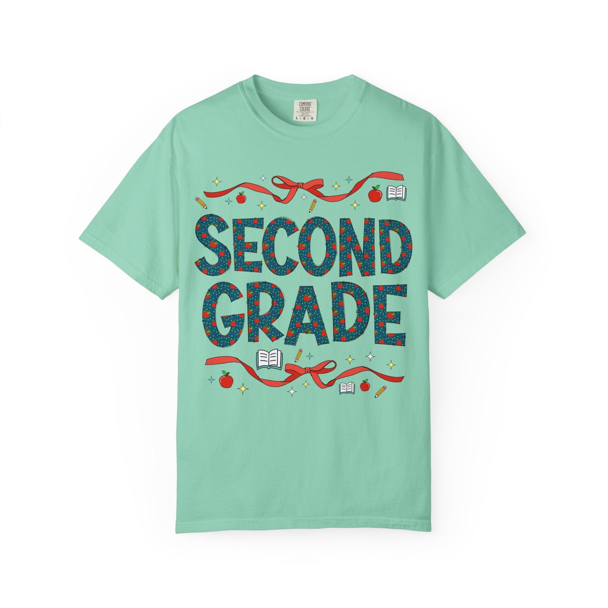 Second Grade Teacher Tee Shirt with Cute Bows and Retro Apples, Teacher Team T-Shirt for Back to School, First Day of School Matching Tee - Opal and June