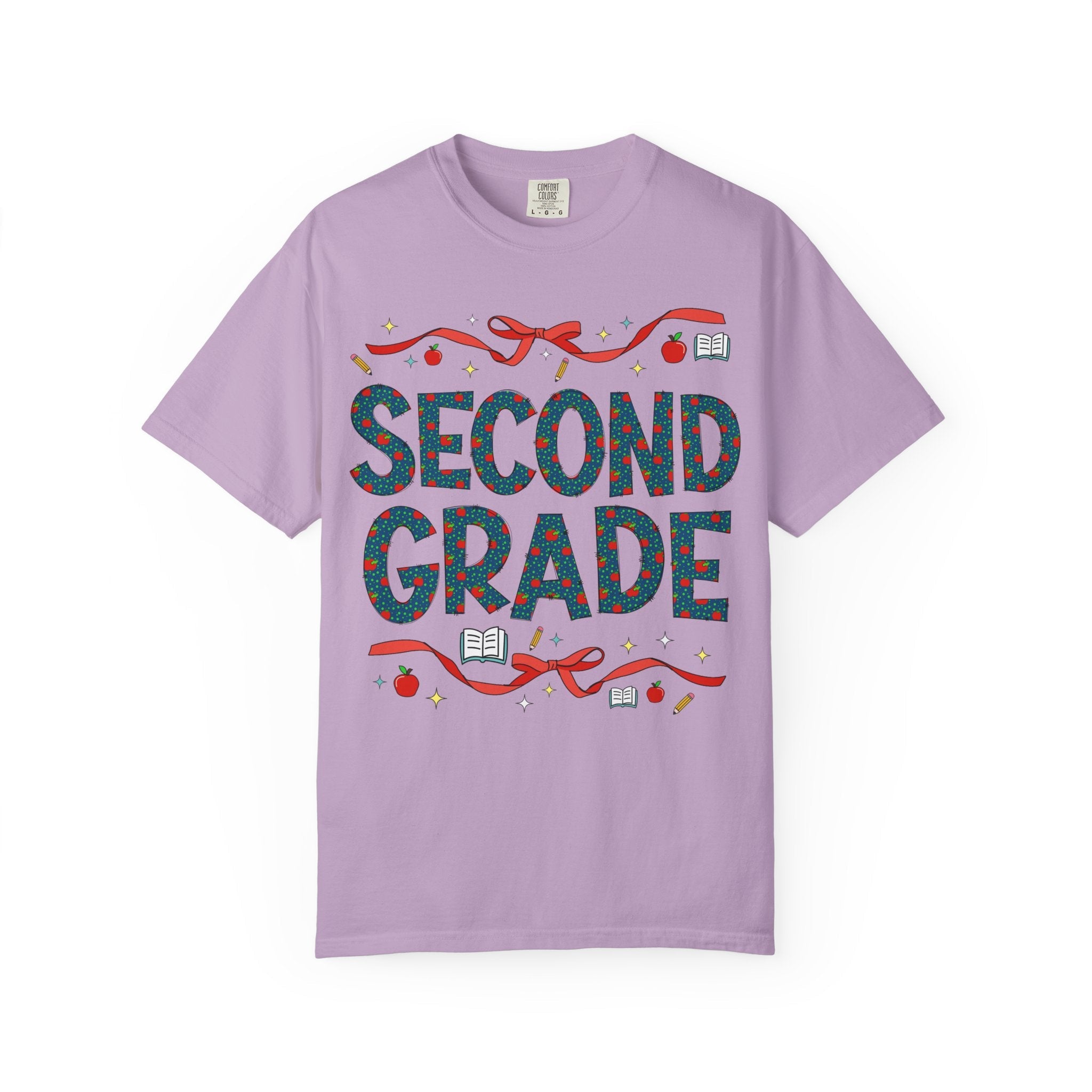 Second Grade Teacher Tee Shirt with Cute Bows and Retro Apples, Teacher Team T-Shirt for Back to School, First Day of School Matching Tee - Opal and June