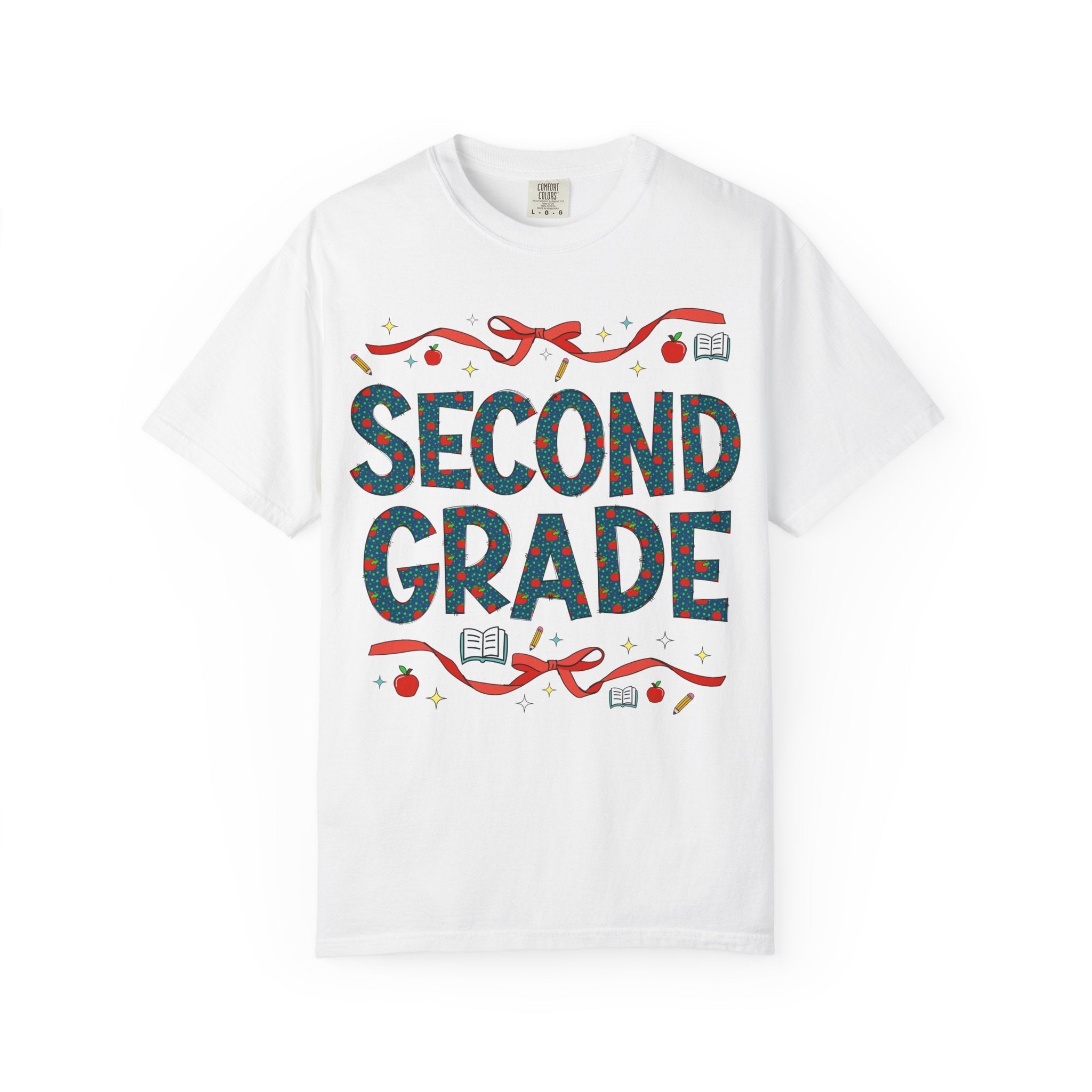 Second Grade Teacher Tee Shirt with Cute Bows and Retro Apples, Teacher Team T-Shirt for Back to School, First Day of School Matching Tee - Opal and June