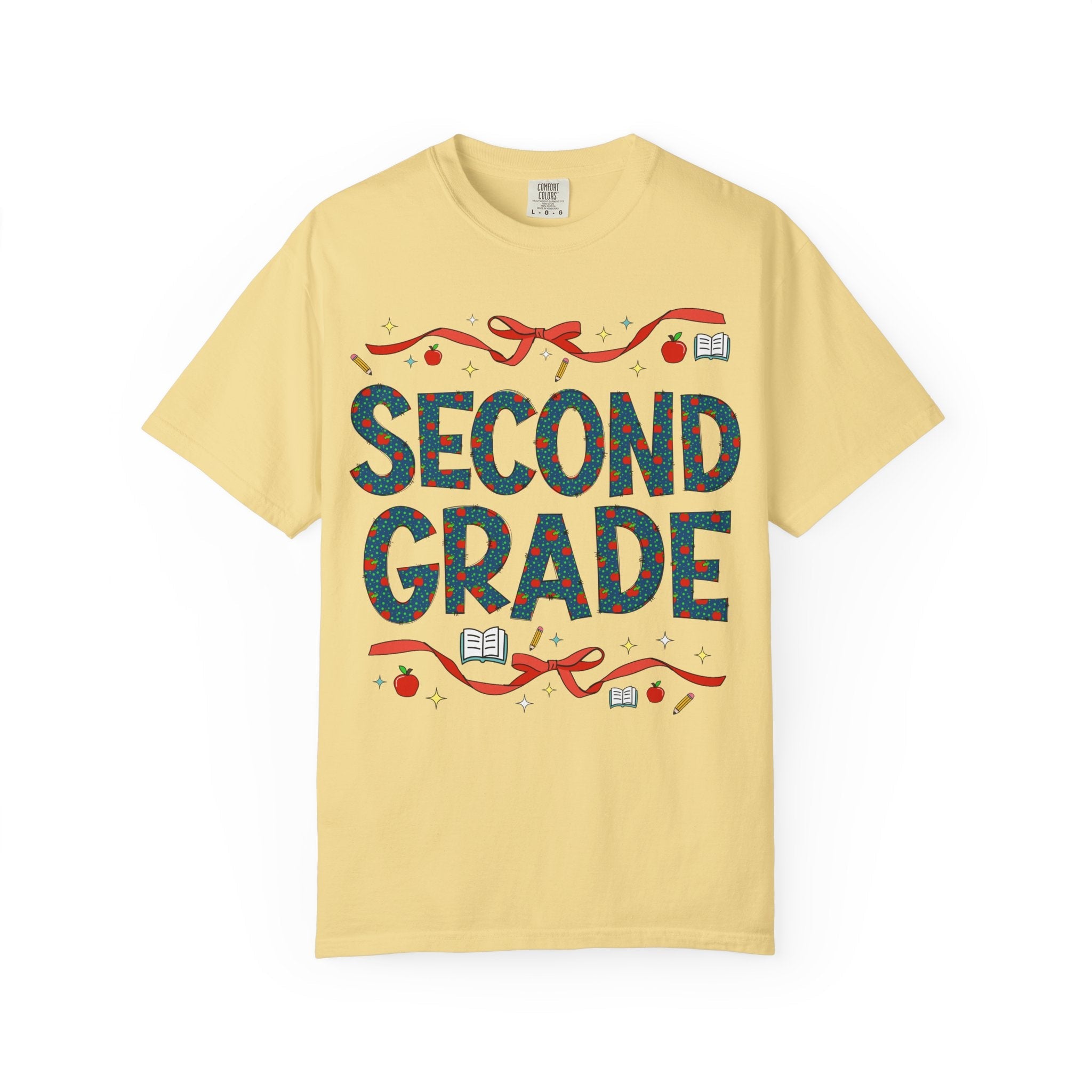 Second Grade Teacher Tee Shirt with Cute Bows and Retro Apples, Teacher Team T-Shirt for Back to School, First Day of School Matching Tee - Opal and June