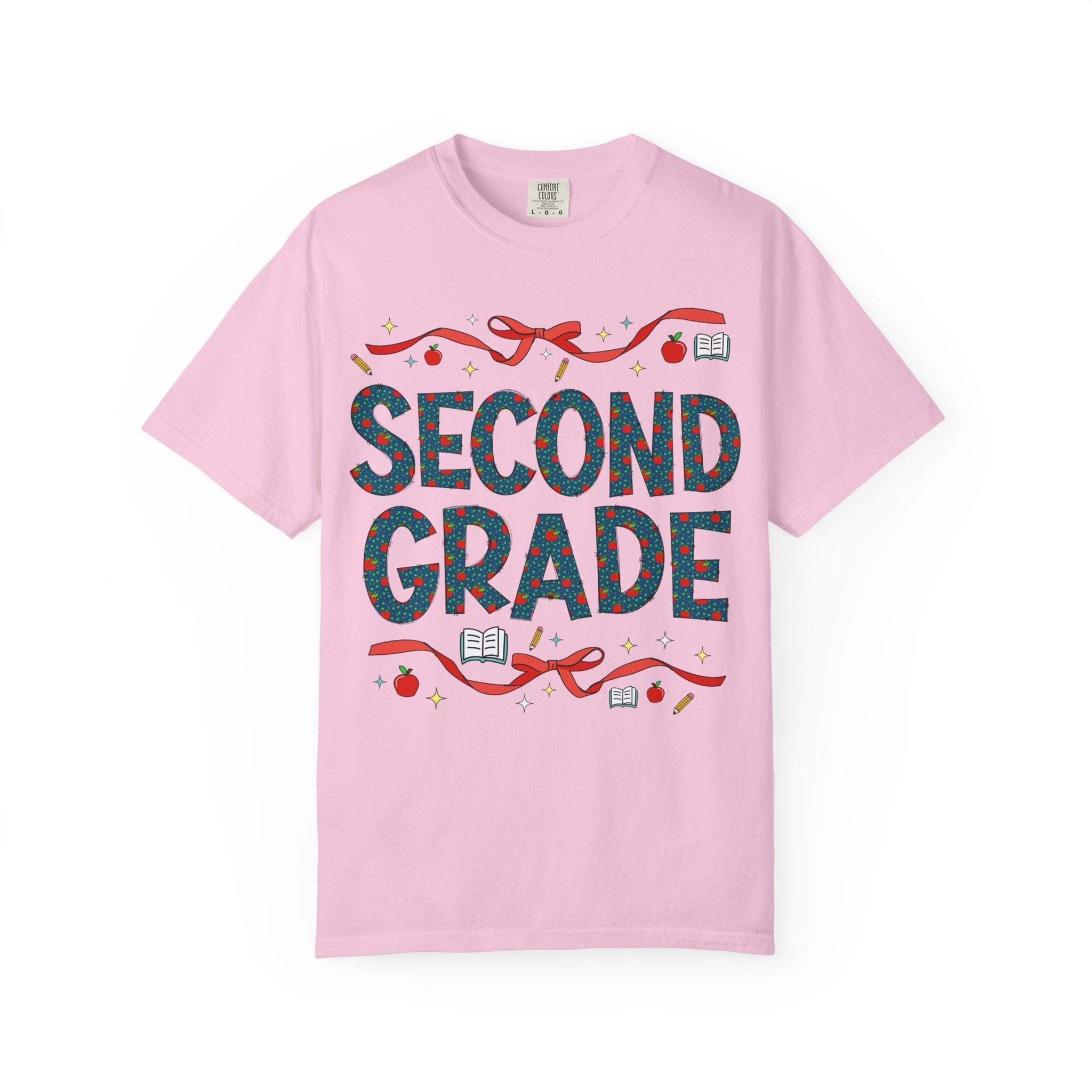 Second Grade Teacher Tee Shirt with Cute Bows and Retro Apples, Teacher Team T-Shirt for Back to School, First Day of School Matching Tee - Opal and June