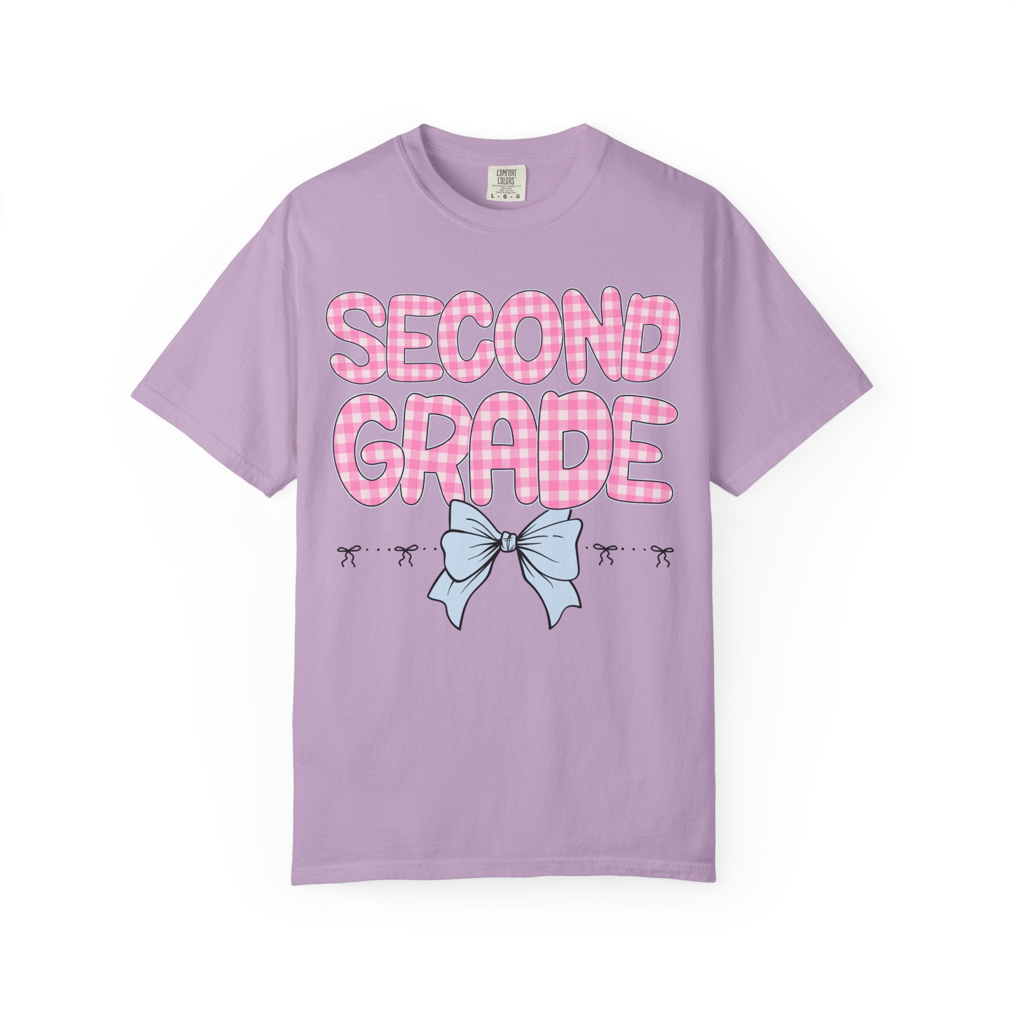 Second Grade Teacher Tee Shirt with Pink Gingham Letters, First Day of School, Back to School Matching Teacher Tee with Bow, Soft Girl Style - Opal and June