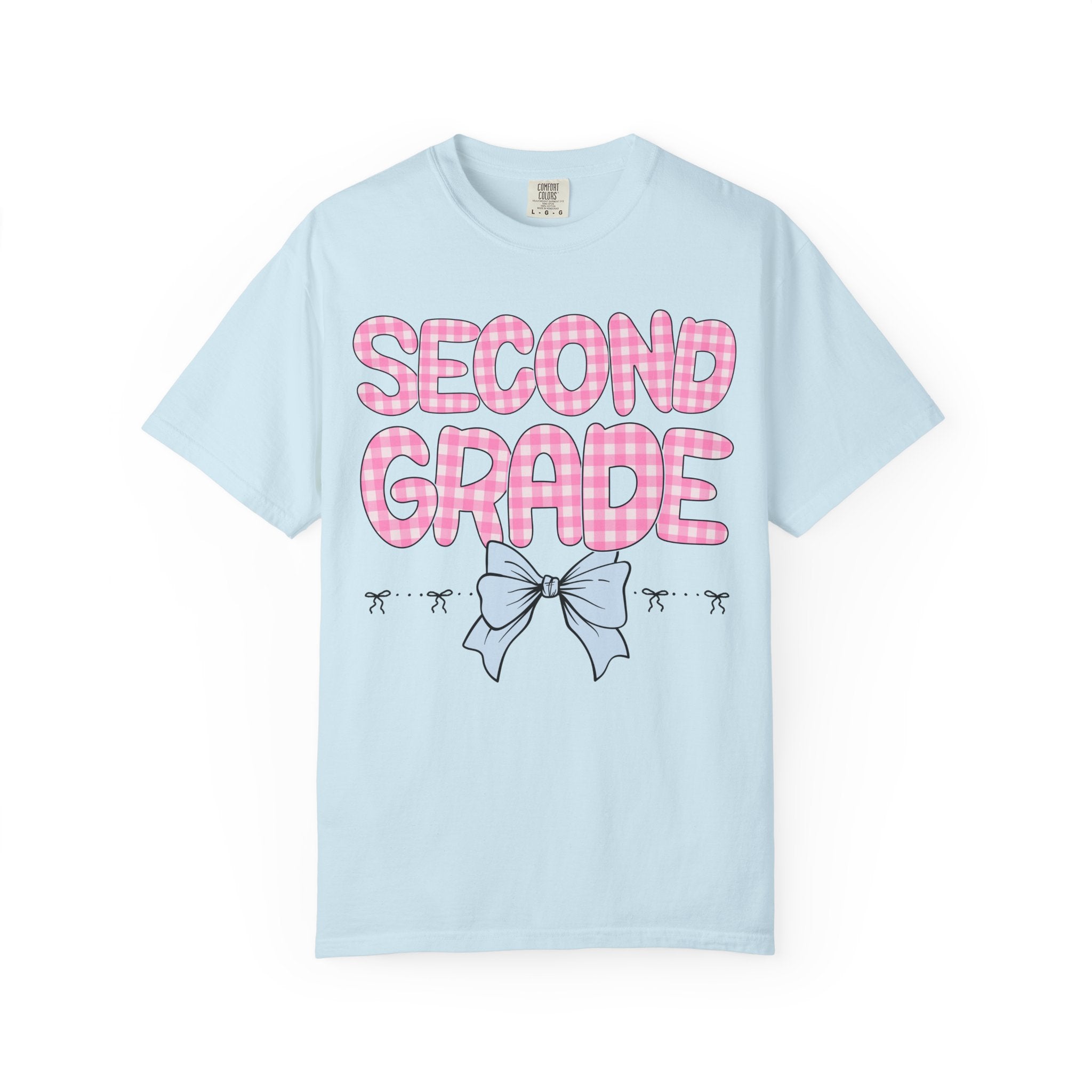 Second Grade Teacher Tee Shirt with Pink Gingham Letters, First Day of School, Back to School Matching Teacher Tee with Bow, Soft Girl Style - Opal and June