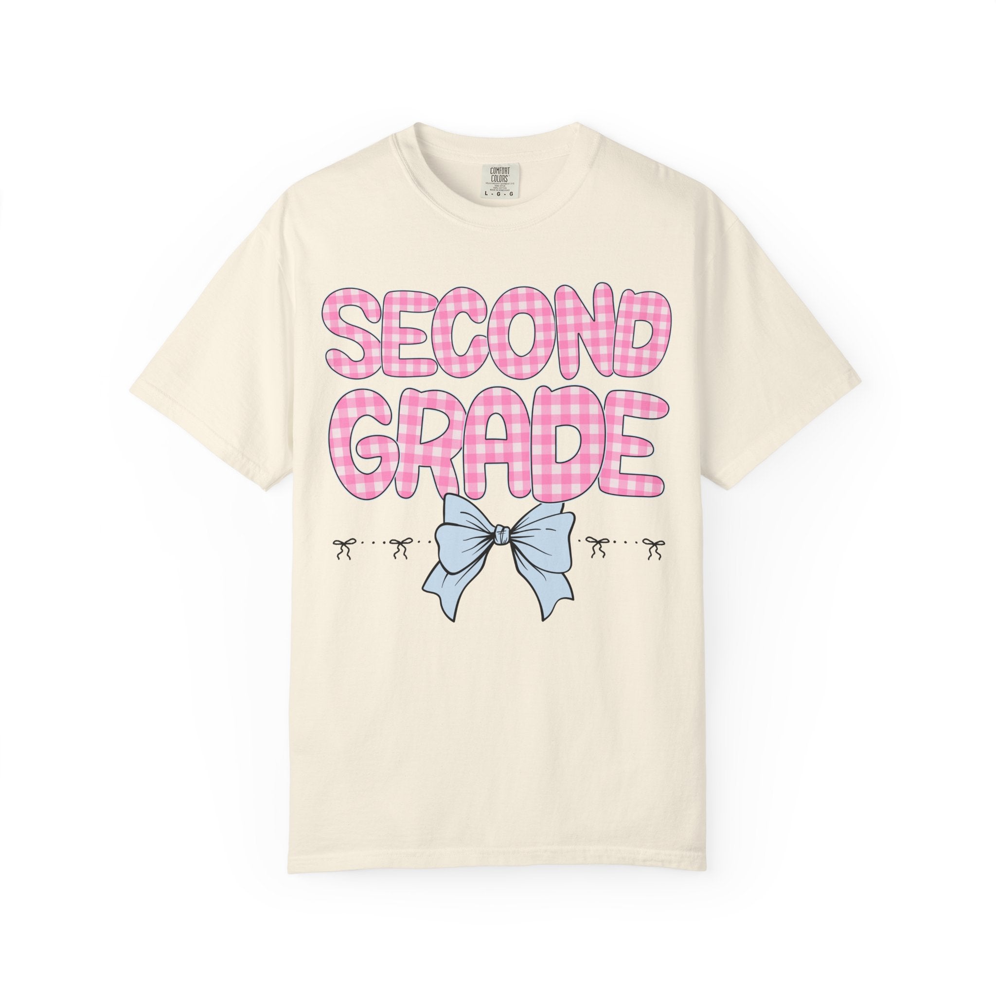 Second Grade Teacher Tee Shirt with Pink Gingham Letters, First Day of School, Back to School Matching Teacher Tee with Bow, Soft Girl Style - Opal and June