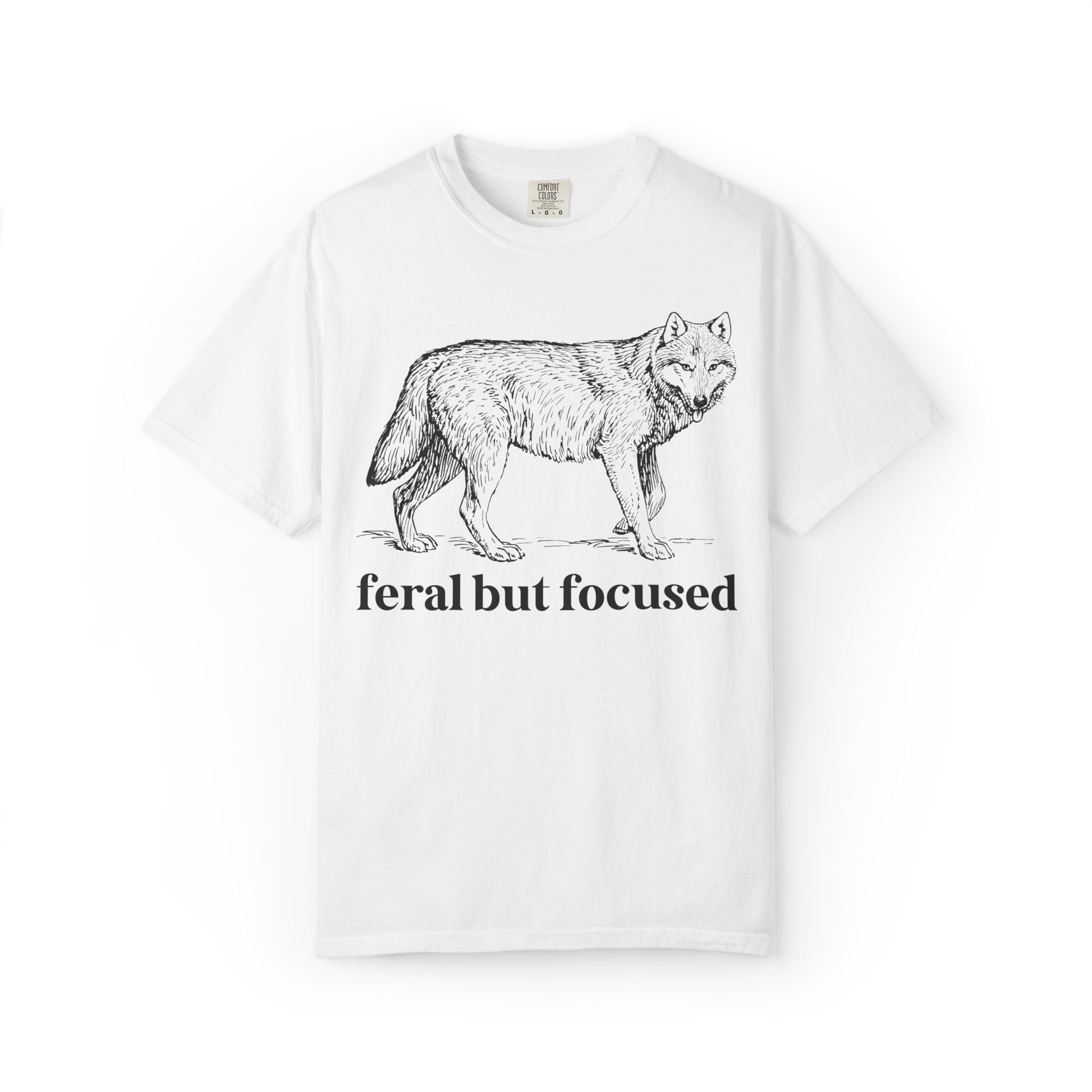 Silly Animal Lover Tee Shirt with Illustration of Wolf: Feral But Focused, Funny Goblincore Shirt, Biology Major Present, Cute Birthday Gift - Opal and June