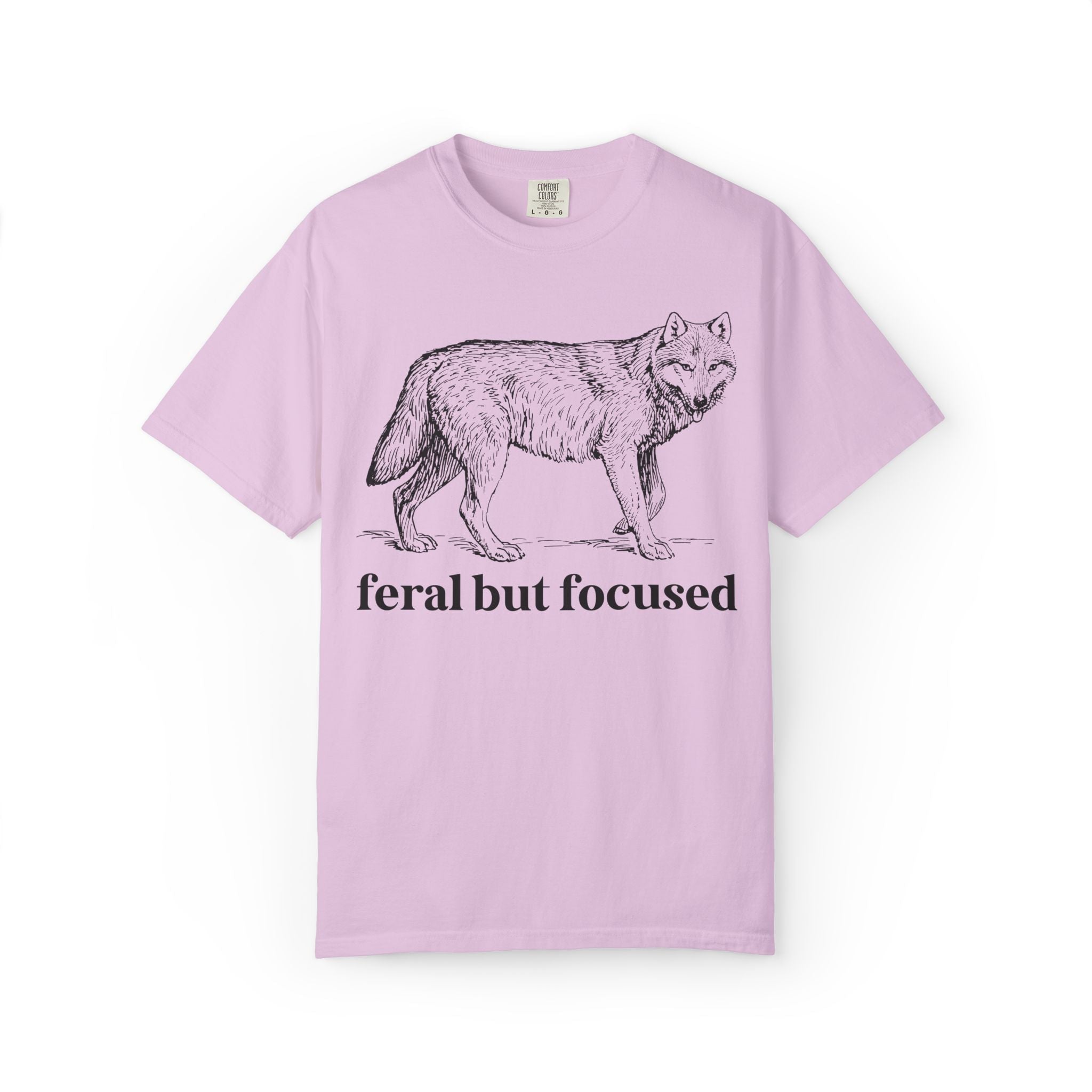 Silly Animal Lover Tee Shirt with Illustration of Wolf: Feral But Focused, Funny Goblincore Shirt, Biology Major Present, Cute Birthday Gift - Opal and June