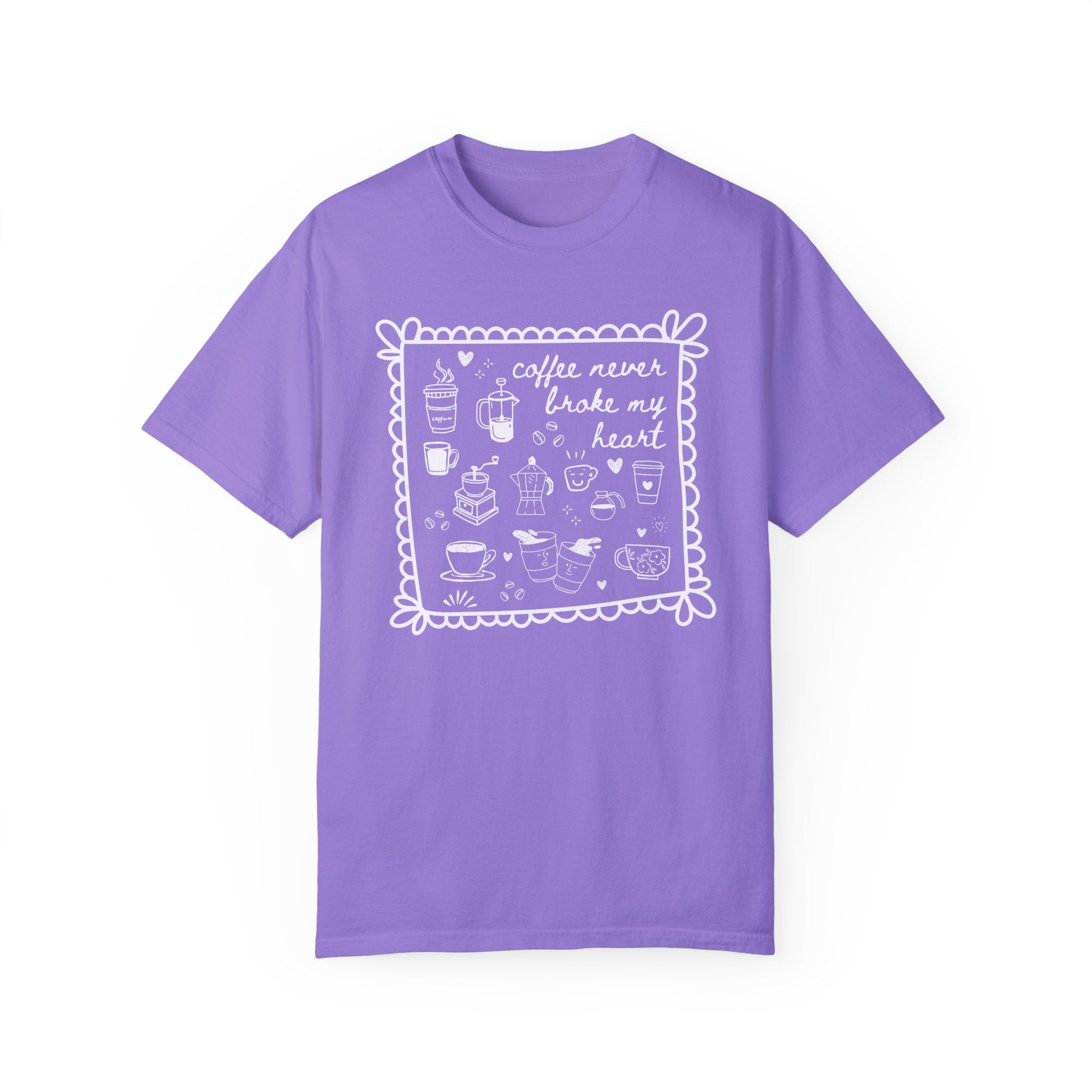 Silly Coffee Lover Gift with Adorable Y2K Aesthetic Doodles: Coffee Never Broke My Heart, Silly 90s Aesthetic Funny Saying Shirt for Friend - Opal and June
